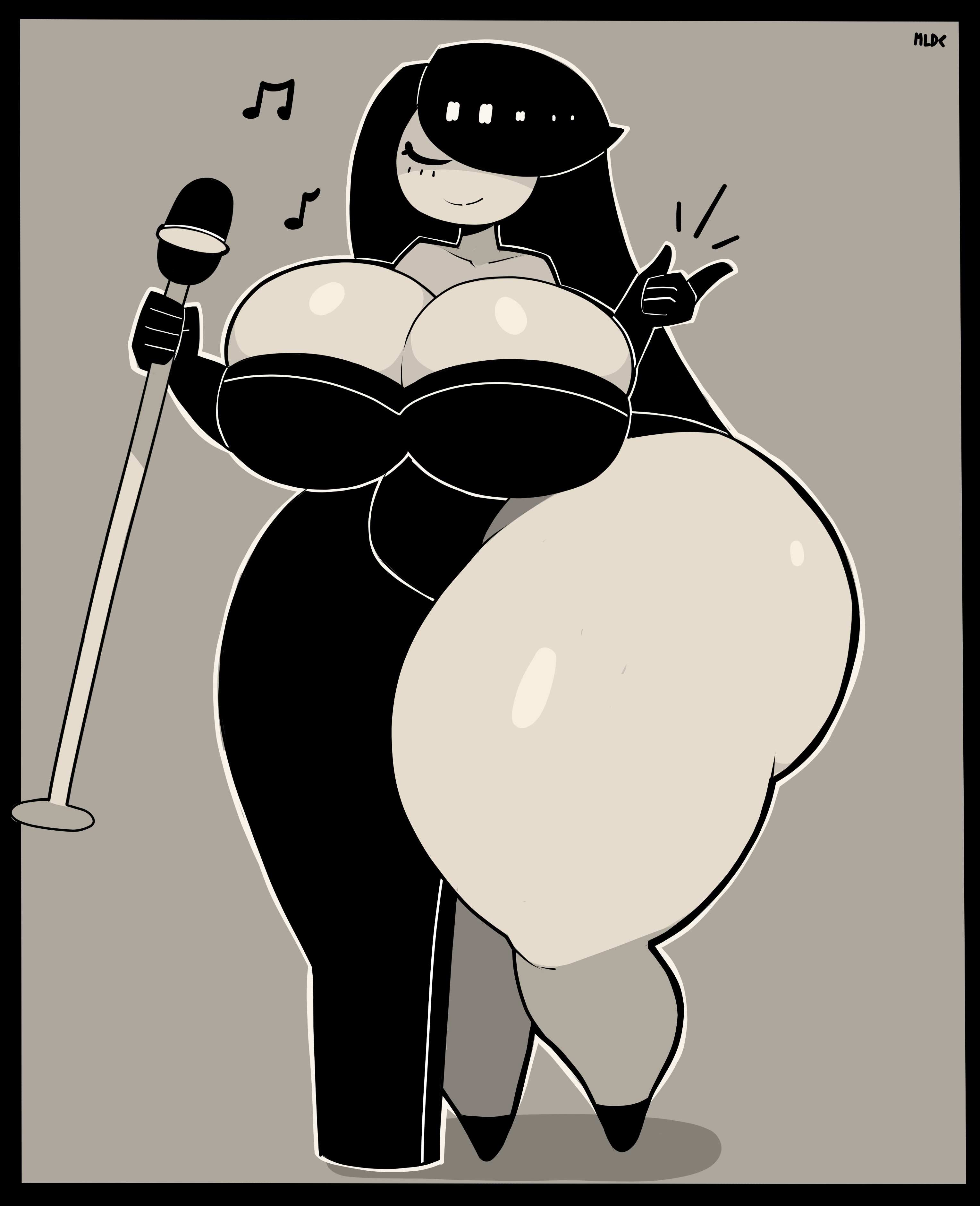 big boobs, big breasts, black dress, black hair, black hair female, boobs, breasts, character request, clothed, clothed female, cream (movailarts), double drownz, dress, female, female focus, female only, large boobs, large breasts, light skin, light-skinned female, original, original character, pale skin, pale-skinned female, singing, thick thighs, thighs, thunder thighs, thunderthighs