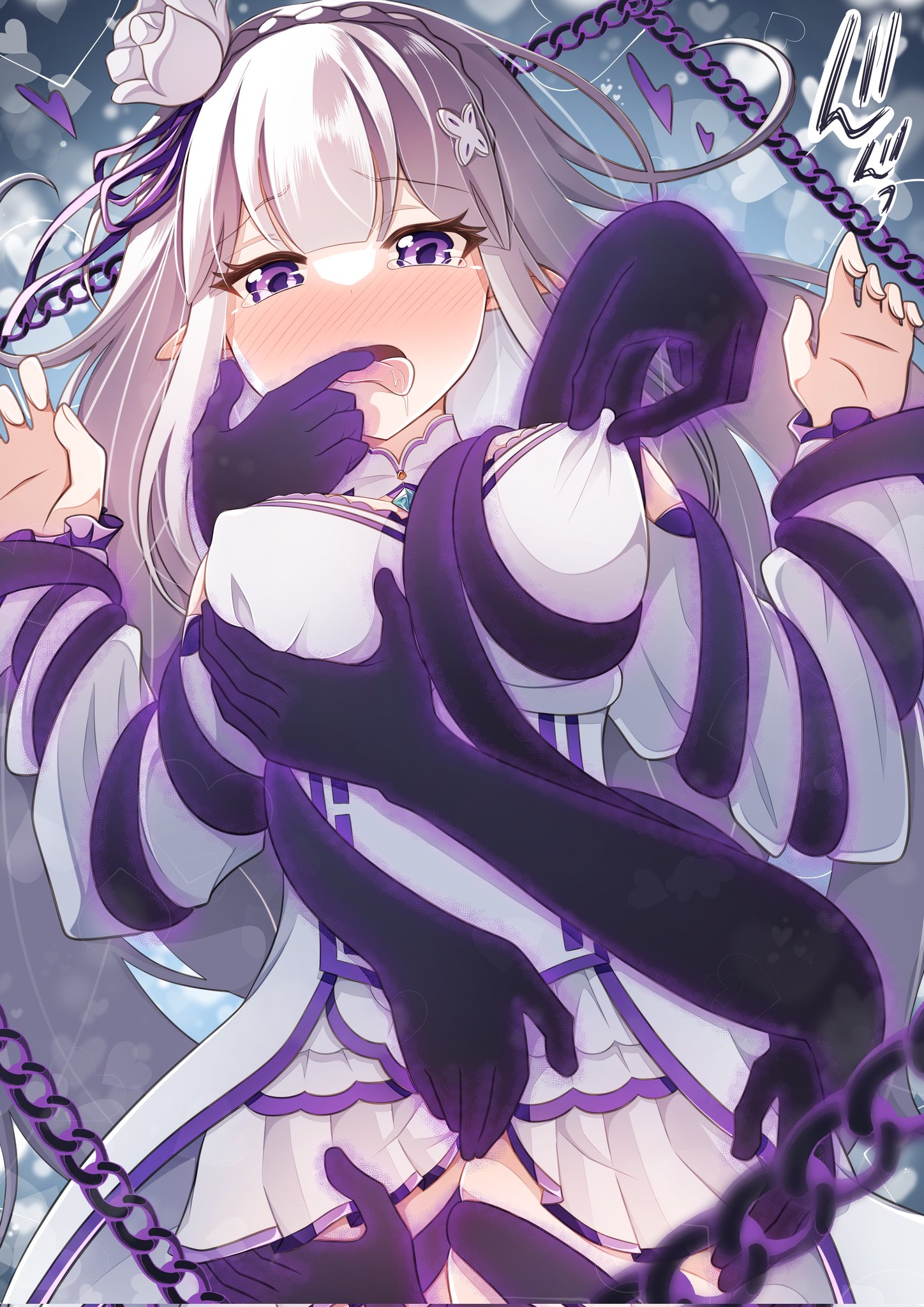 blush, breast grab, breasts, captured, captured heroine, elf, elf ears, elf female, emilia (re:zero), female, finger in mouth, hand on breast, hand on pussy, hand on thigh, hands everywhere, nipple play, petelgeuse romaneeconti, purple eyes, pussy, re:zero kara hajimeru isekai seikatsu, restrained, silver hair, thigh grab, tongue out, villain on heroine