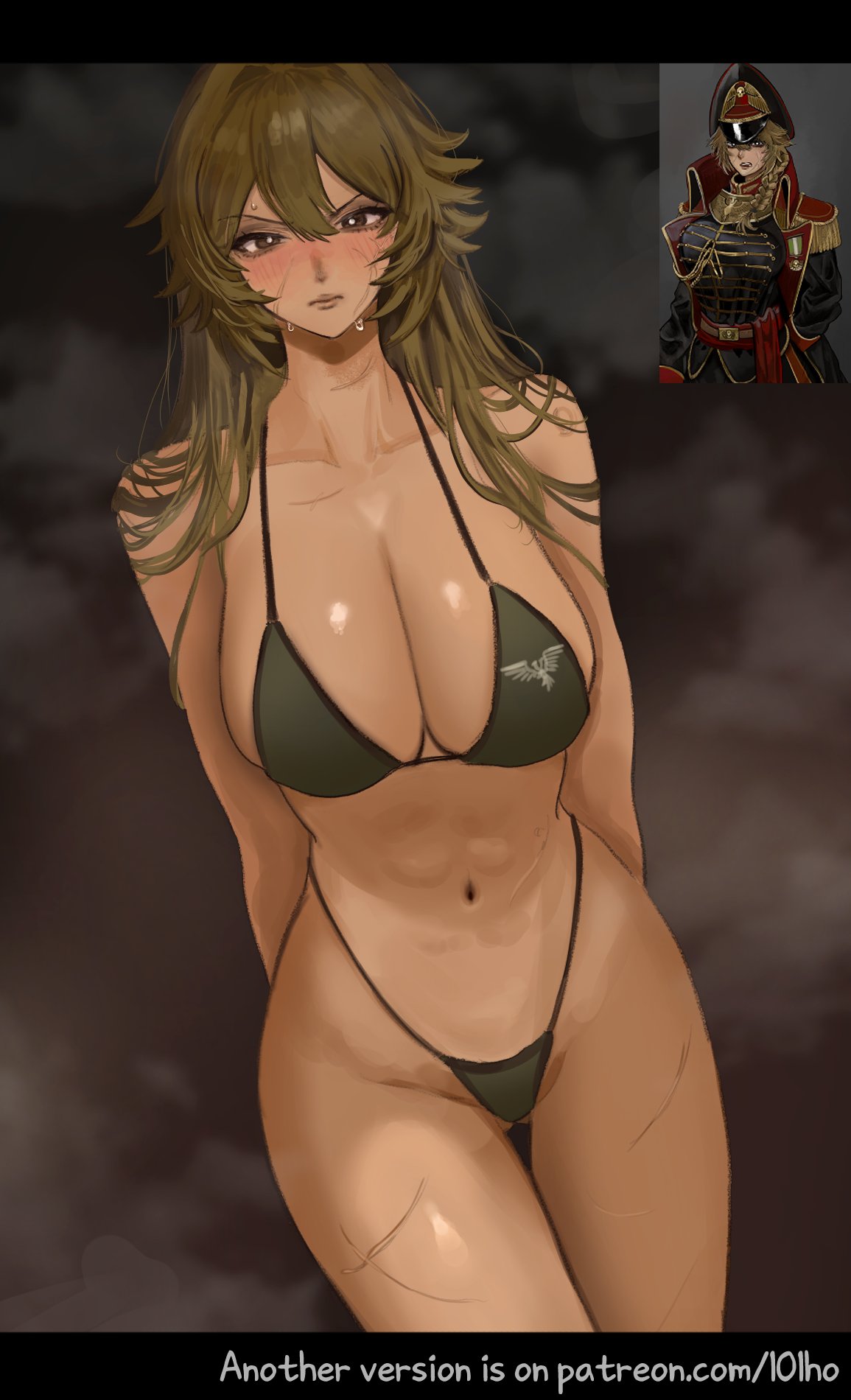 101ho, 1girls, abs, asking for it, astra militarum, belly, belly button, big breasts, bikini, blush, bra, breasts, brown body, brown eyes, brown hair, brown skin, challenge, child bearing hips, coat, commissar, commissar challenge (101ho), commissar girl 2 (101ho), embarrassed, eyebags, female, female only, gloves, hat, inviting, inviting to fuck, inviting to sex, inviting viewer, long hair, massive breasts, muscular, muscular female, panties, presenting, scar, scars, sweat, text, thick, thick hips, thick legs, thick lips, thick thighs, warhammer (franchise), warhammer 40k