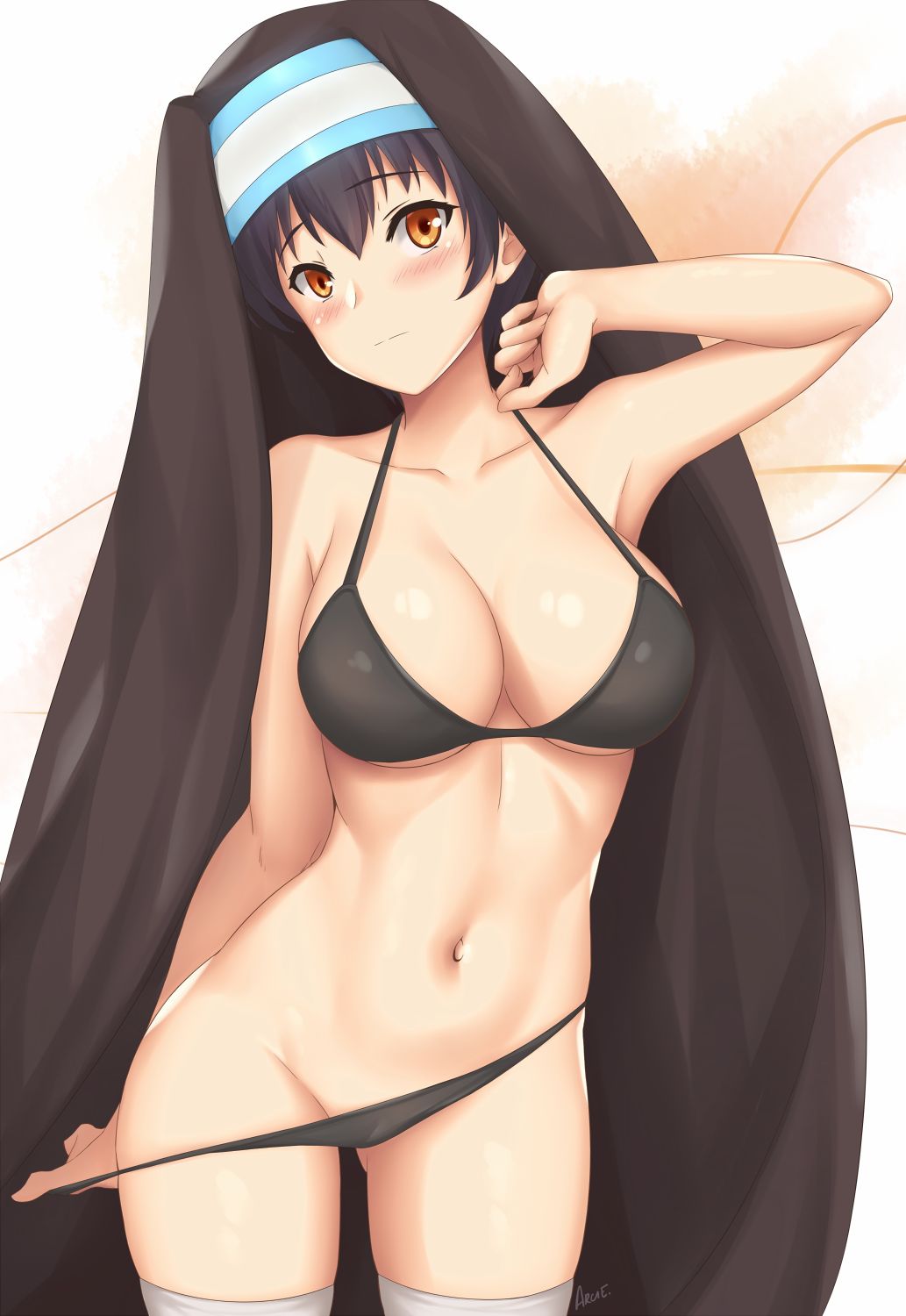 1girls, 2d, 2d (artwork), 2d artwork, alternate version at source, alternate version available, arciealbano, armpit, armpit crease, armpit peek, armpits, bare armpits, bare arms, bare belly, bare chest, bare hands, bare hips, bare midriff, bare navel, bare shoulders, bare skin, bare thighs, belly, belly button, big breasts, bikini, bikini bottom, bikini top, black bikini, black bikini bottom, black bikini top, black hair, black string bikini, black swimsuit, black swimwear, black-haired female, blush, blush face, blushing at viewer, blushing female, blushing lines, breasts, busty, busty female, busty teenager, cleavage, collarbone, curvaceous, curvaceous body, curvaceous female, curvaceous figure, curvaceous hips, curvaceous teenager, curvy, curvy body, curvy female, curvy figure, curvy hips, digital, digital art, digital drawing, digital drawing (artwork), digital media, digital media (artwork), elbows, enen no shouboutai, exposed armpits, exposed arms, exposed belly, exposed chest, exposed hips, exposed midriff, exposed navel, exposed shoulders, exposed skin, exposed thighs, eyebrows visible through hair, female, female focus, female only, fingers, fire force, groin, hairless armpits, half naked, half nude, halterneck, head tilt, high resolution, highres, hourglass figure, inguinal crease, inguinal ligament, kotatsu tamaki, large boobs, large breasts, lean figure, legwear, linea alba, long hair, looking at viewer, midriff, more at source, naked, naked female, naked woman, narrow waist, navel, nude, nude female, nudity, nun, nun hat, nun outfit, orange eyes, orange-eyed female, plump breasts, posing, posing for the viewer, semi nude, shaved armpits, shiny breasts, shiny skin, shiny thighs, shoulders, simple background, slender body, slender waist, slim waist, solo, standing, stockings, stomach, string bikini, swimsuit, swimwear, teen girl, teenage girl, teenager, thick thighs, thigh gap, thigh highs, thighhighs, thighs, tilted head, twintails, twintails (hairstyle), upper body, white background, white legwear, white stockings, white thigh highs, white thighhighs, wide hips, young female, young woman