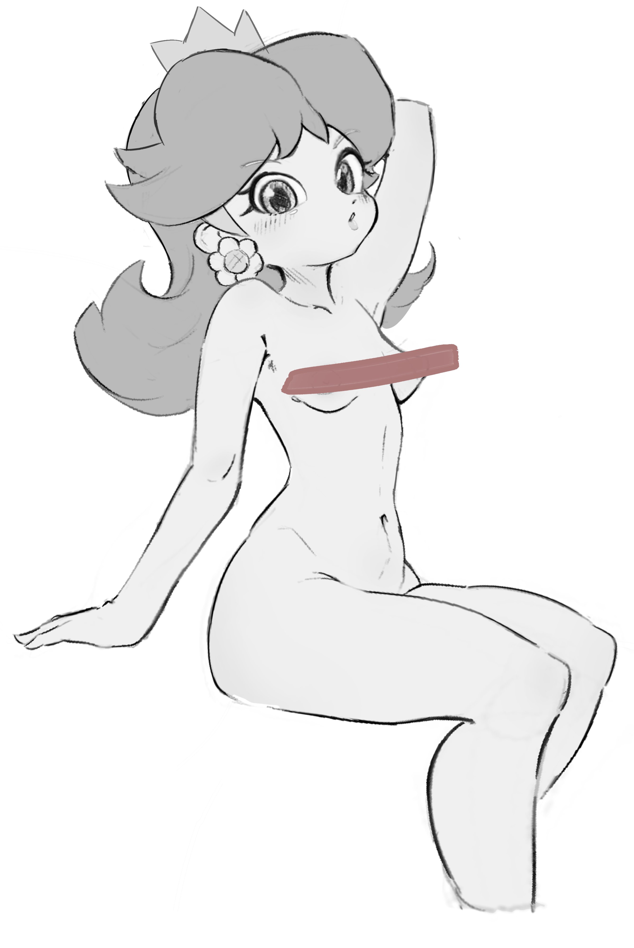 1girls, 2d, breasts, censored, female, looking at viewer, mario (series), mineru128127, navel, nintendo, nude, princess daisy, solo, white background