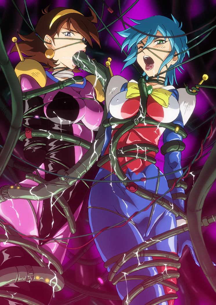 2015 2girls allenby_beardsley blue_eyes blue_hair bodysuit bondage breasts brown_hair curvaceous duo earrings erect_nipples female fugakuhyakkei g_gundam green_eyes gundam hairband human jewelry large_breasts light-skinned_female light_skin mobile_trace_suit multiple_girls open_mouth oral pilot_suit rain_mikamura restrained saliva short_hair sweat tentacle tentacle_in_mouth tongue tongue_out wide_hips wink wire