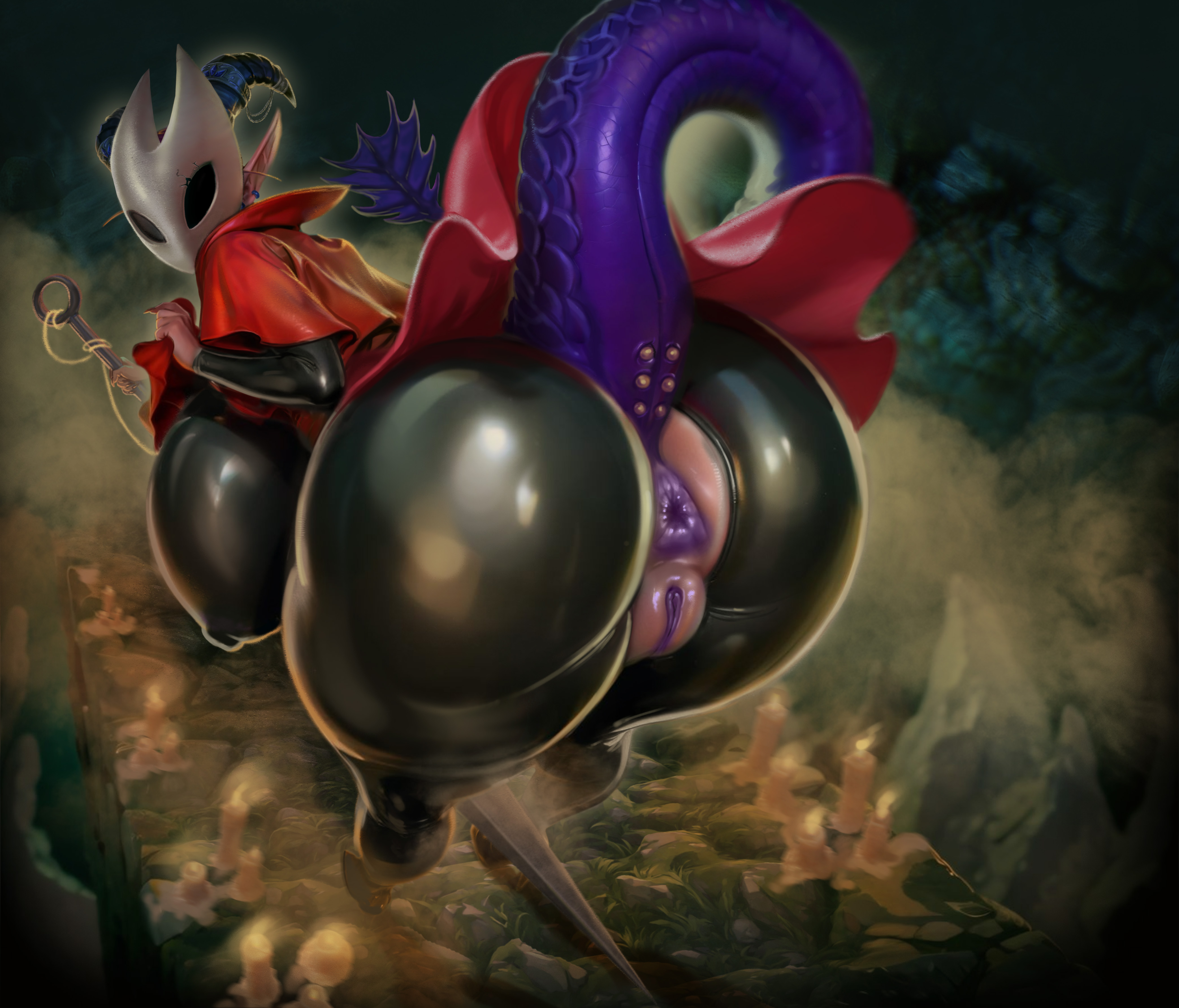 anus, ass, big breasts, blizzard entertainment, breasts, breasts bigger than head, butt focus, dragon girl, elf, exhibitionism, female, genitals, hollow knight, horn, hornet (hollow knight), huge nipples, latex, leranna, mister69m, nipples, nude, piercing, pussy, ripped clothing, scalie, silksong, solo, tail, tail piercing, thick thighs, warcraft, wings, world of warcraft