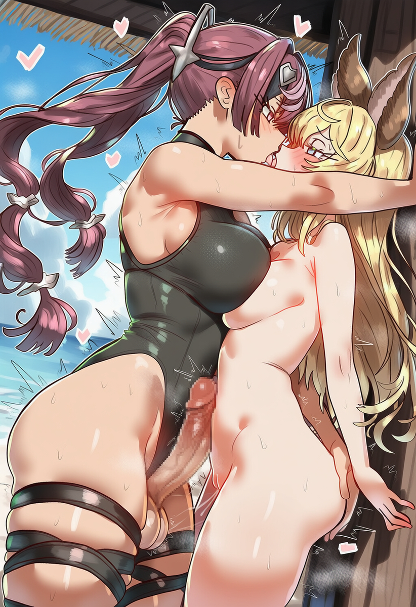 1futa, 1girl1futa, 1girls, ai generated, blonde hair, breast press, breasts, erection, female, french kiss, futanari, grabbing another's ass, granblue fantasy, imminent penetration, imminent sex, intersex, kabedon, leotard, leotard aside, long hair, mari (granblue fantasy), meg (granblue fantasy), penis, penis on stomach, sweeetdonnut