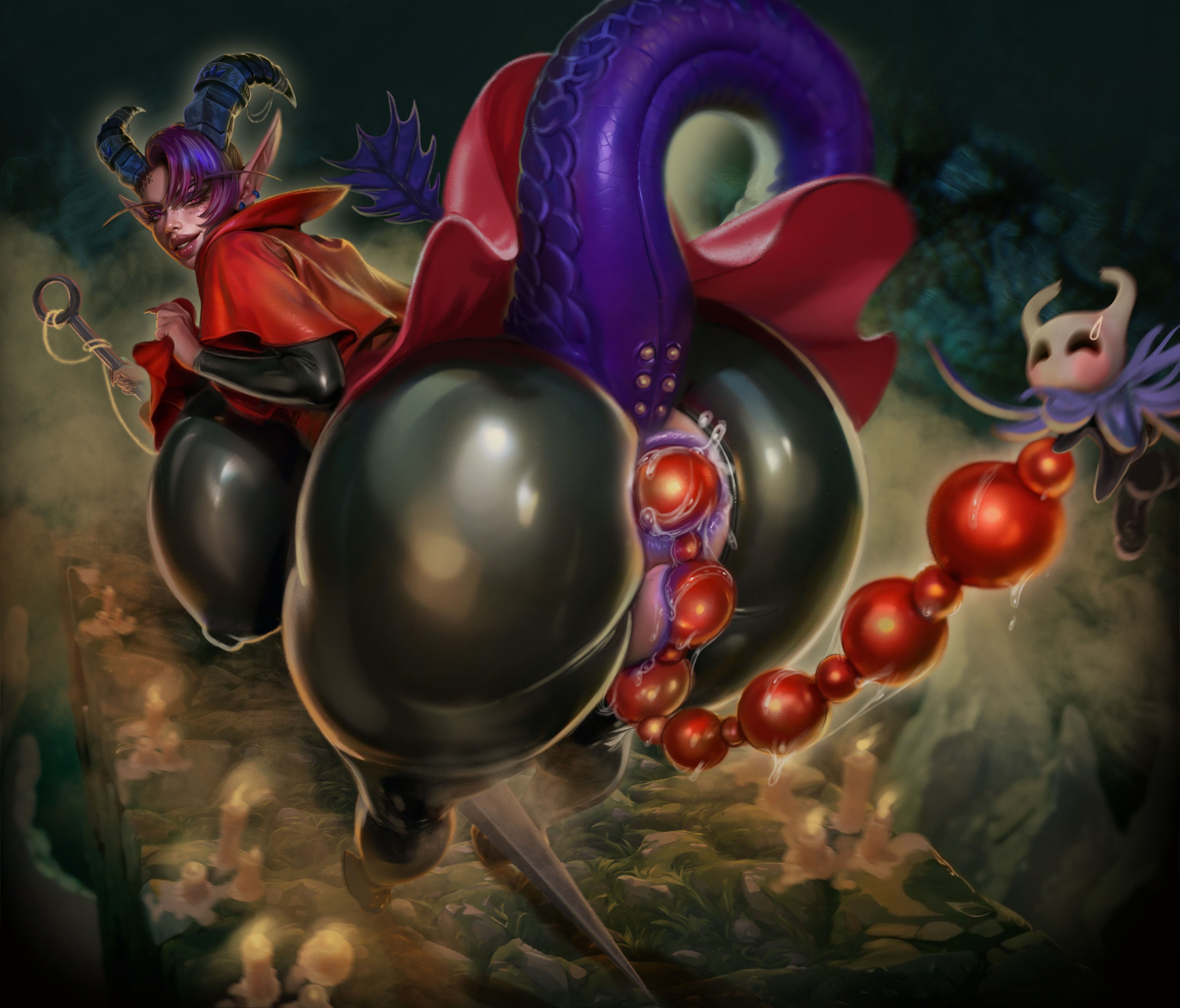 anal beads, anus, ass, big breasts, blizzard entertainment, breasts, breasts bigger than head, butt focus, cavity storage, dragon girl, elf, exhibitionism, female, genitals, hollow knight, horn, hornet (hollow knight), huge nipples, latex, leranna, mister69m, nipples, nude, piercing, pussy, ripped clothing, scalie, silksong, solo, tail, tail piercing, thick thighs, warcraft, wings, world of warcraft