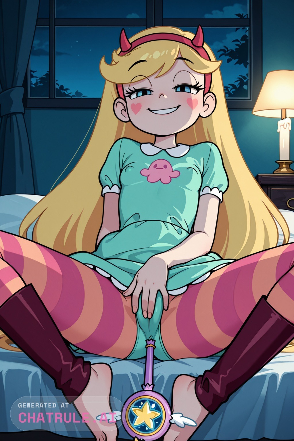 1girl ai_assisted ai_generated anime_screenshot barefoot blonde_hair blue_eyes boots cameltoe candle_light candles covered_erect_nipples dark_room facial_mark hairband half_closed_eyes heart highres horned_headwear hotel_room leotard long_hair looking_at_viewer lying_on_back masturbating night on_bed parted_lips rubbing_crotch shy small_breasts smile solo spread_legs star_butterfly striped striped_pantyhose style_parody very_long_hair viewed_from_below wand window