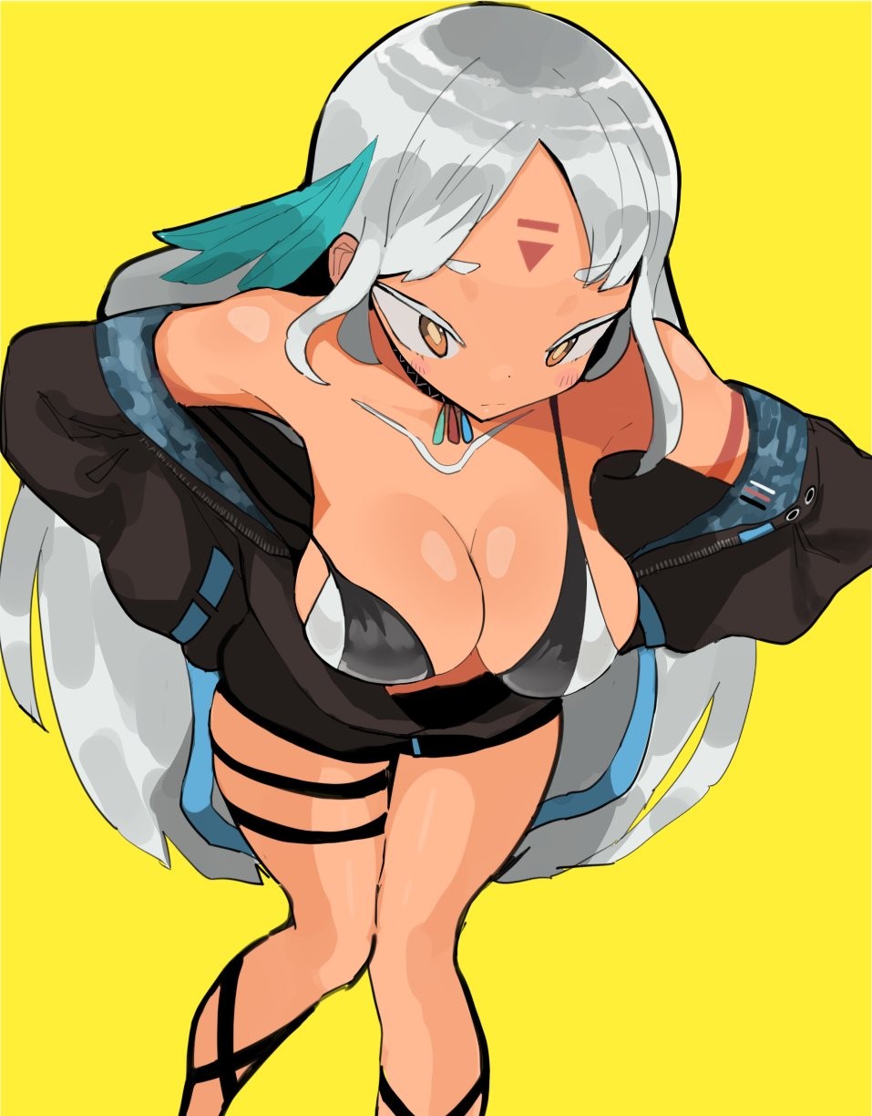 1girl 1girls akisas99 background big_boobs big_breasts black_coat black_jacket black_shorts black_thighband breasts brown-eyed_female brown-skinned_female brown_belly brown_body brown_boobs brown_breasts brown_eyes brown_face brown_female brown_legs brown_lips brown_skin brown_skinned_female busty busty_female busty_girl coat commission commission_art grey-haired_female grey_eyebrows grey_hair jacket knees_together knees_together_feet_apart large_boobs large_breasts leaning leaning_forward legs_closed legs_together legs_together_feet_apart monotone_background oc one_color_background open_coat open_jacket original original_art original_artwork original_character original_female_character parted_bangs plain_background shorts silver-haired_female silver_eyebrows silver_hair silver_hair_female solid_color_background standing thighband thighs_together thighstrap very_long_hair very_long_hair_female yellow_background
