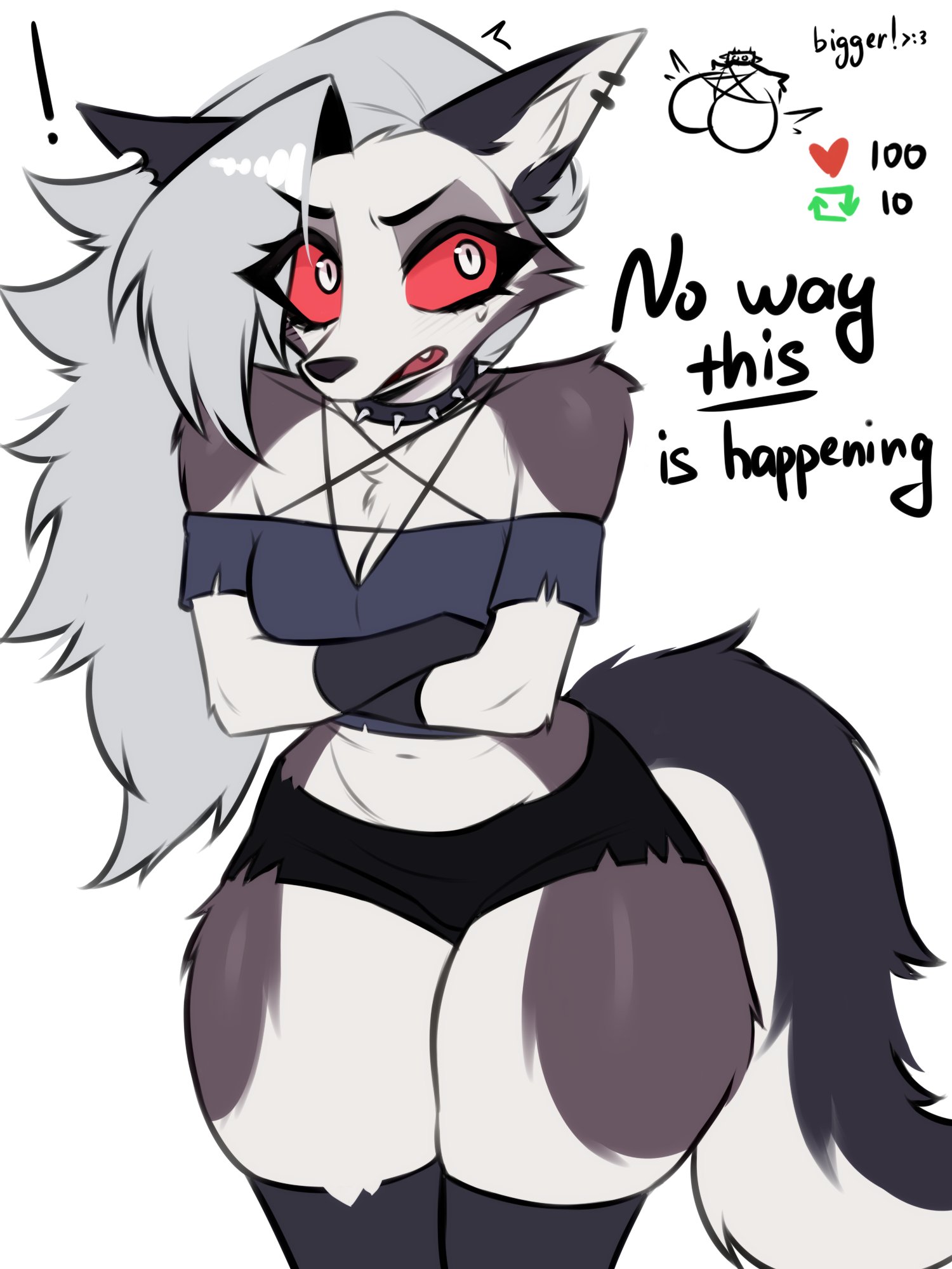 1girls, absurd res, anthro, big boobs, big breasts, big thighs, canid, canine, canis, collar, crossed arms, curvy, curvy body, curvy female, curvy figure, demon, demon girl, female, fur, grey hair, hellhound, helluva boss, highres, huge thighs, looking at viewer, loona (helluva boss), loonamoon69, red eyes, simple background, thick thighs, thigh highs, thighhighs, vivienne medrano, vivziepop, voluptuous, voluptuous body, voluptuous female, white background, wolf, wolf girl