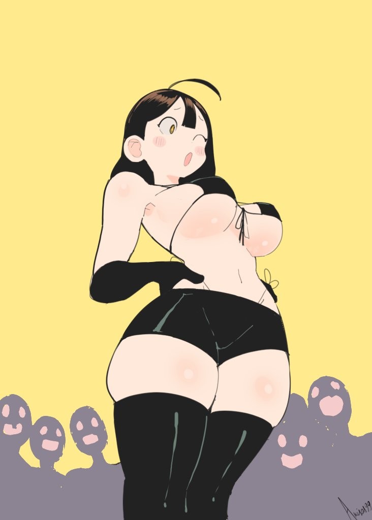 1girl 1girls :o ahoge akisas99 background big_boobs big_breasts bikini bikini_bottom bikini_only bikini_top black_bikini black_bikini_bottom black_bikini_top black_legwear black_shorts black_stockings black_swimsuit black_swimwear black_thigh_highs black_thighhighs breasts brown-eyed_female brown-haired_female brown_eyebrows brown_eyes brown_hair busty busty_female busty_girl character_in_background curvaceous curvaceous_body curvaceous_female curvaceous_figure curvaceous_hips curvy curvy_body curvy_female curvy_figure curvy_hips eye_closed halterneck large_boobs large_breasts lean_figure legs_closed legs_together legwear monotone_background narrow_waist oc one-eye_closed one_color_background one_eye_closed one_eye_open open_mouth original original_art original_artwork original_character original_female_character parted_lips people_in_background person_in_background plain_background shorts side-tie_bikini skindentation slender_body slender_waist slim_female slim_waist solid_color_background stockings string_bikini swimsuit swimwear thigh_highs thighhighs thighs_together yellow_background