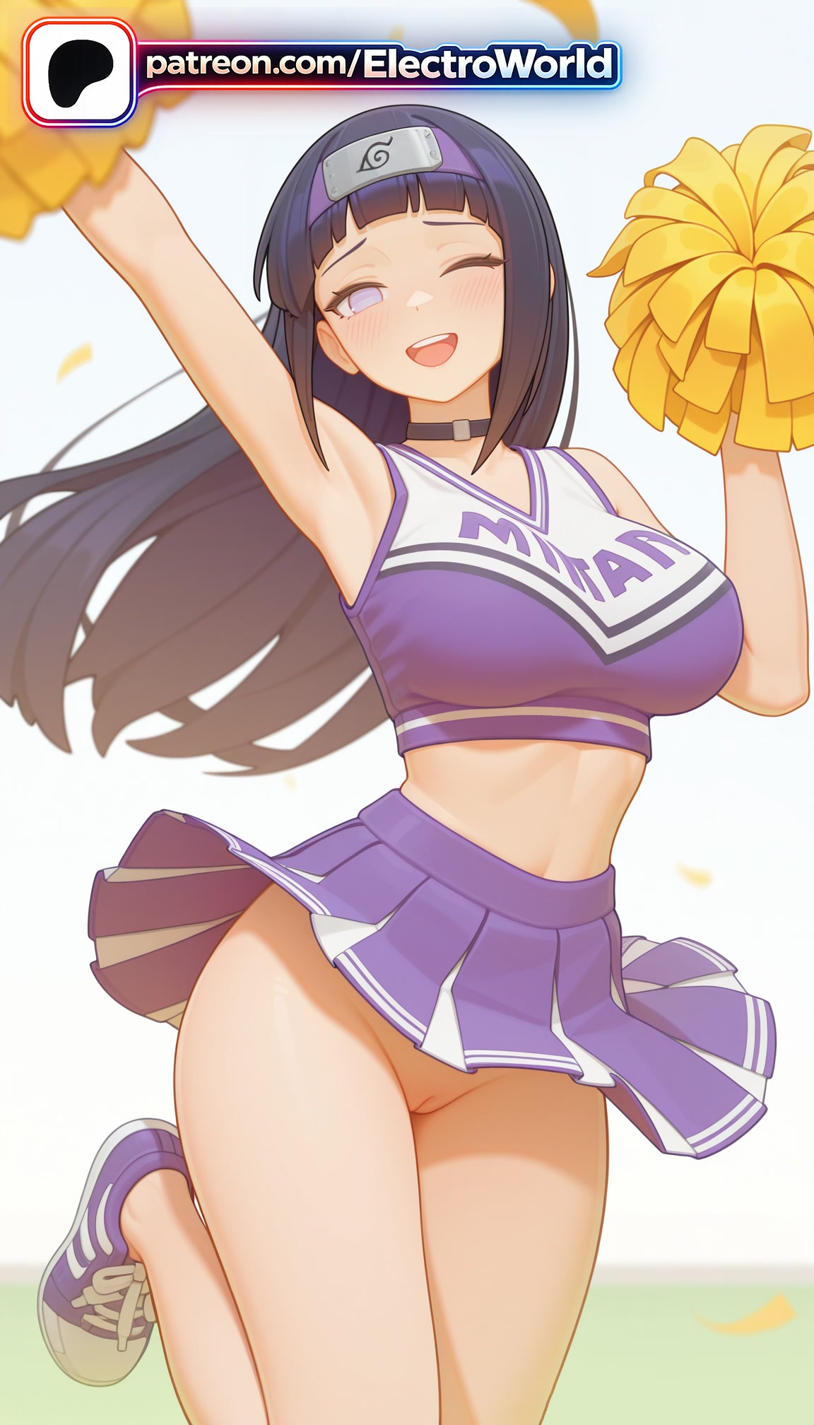 1girl 1girls 2026 ai_generated arm_up artist_name bangs blunt_bangs blush boobs breasts bust cheerleader chest choker electroworld hi_res high_quality high_resolution highres holding hyuuga_hinata long_hair naruto_(series) no_panties one_eye_closed open_mouth patreon patreon_username pom_pom_(cheerleading) purple_skirt shoes skirt sleeveless sleeveless_shirt smile sneakers stable_diffusion tits watermark