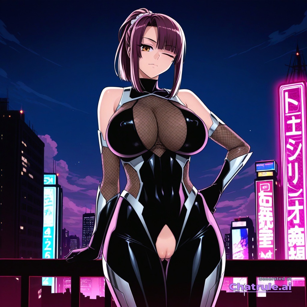 1girl ai_assisted ai_generated armor bare_shoulders black_bodysuit brown_eyes brown_hair city cityscape clouds cowboy_shot crotchless curvy dark_theme detailed_pussy dynamic_lighting elbow_gloves fishnets gloves high_contrast kagami_hirotaka koukawa_oboro looking_at_viewer neon_lights night night_sky official_style one_eye_closed outdoors ponytail scrunchie soft_shading taimanin_asagi_zero taimanin_suit thigh_gap visible_pussy