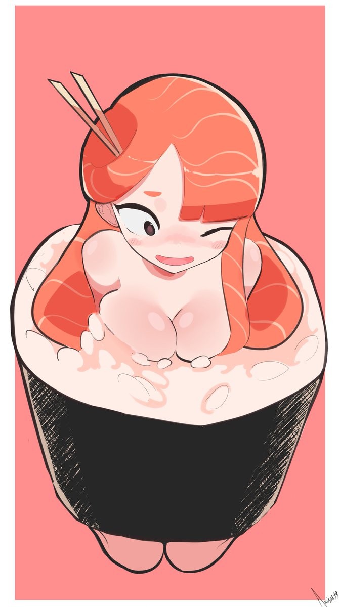 1girl 1girls akisas99 background big_boobs big_breasts breasts brown-eyed_female brown_eyes busty busty_female busty_girl eye_closed ginger ginger_hair hair_pin hairpin hairpins large_boobs large_breasts monotone_background oc one-eye_closed one_color_background one_eye_closed one_eye_open open_mouth orange-haired_female orange_eyebrows orange_hair orange_hair_female original original_art original_artwork original_character original_female_character parted_lips pink_background plain_background portrait rice sashimi solid_color_background sushi tongue white_border