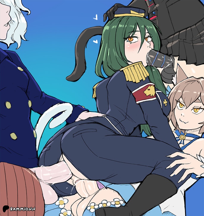 1girl 3boys anal animal_ears anus ass blush butt_crack cat_boy cat_ears cat_tail clothed_sex crossdressing crossdressing_(mtf) crusch_karsten felix_argyle fellatio foursome garrison_cap girl_on_top green_hair group_sex hat heart hunter_x_hunter looking_back military_uniform mmmf_foursome multiple_boys neferpitou oral penis pleated_skirt pussy rammionn re:zero_kara_hajimeru_isekai_seikatsu saliva sex sex_from_behind short_hair simple_background skirt straddling tail testicles torn_clothes trap trap_on_female vaginal white_hair yellow_eyes