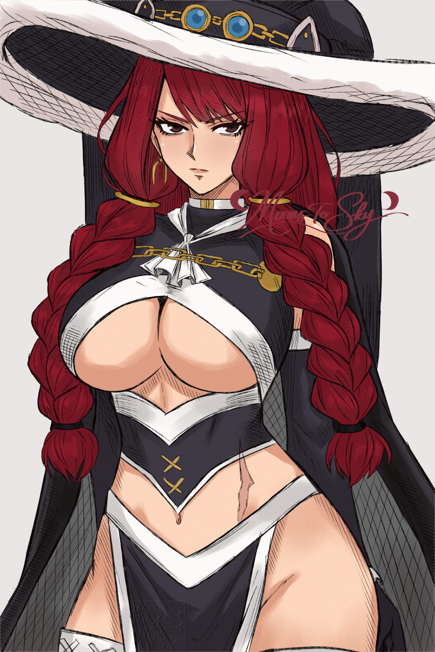 1girl absurdres artist_name black_cape black_gloves black_hat braid breasts cape cleavage commentary curvy earrings elbow_gloves english_commentary fairy_tail gloves hat highres impossible_clothes irene_belserion jewelry large_breasts lips long_hair looking_at_viewer mixed-language_commentary multiple_braids navel pelvic_curtain red_eyes red_hair revealing_clothes scar scar_on_stomach solo thick_thighs thighhighs thighs white_background witch_hat