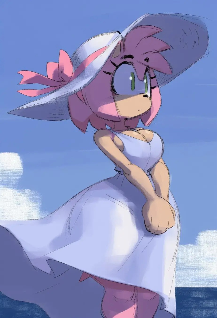 amy_rose anthro big_breasts big_thighs breasts cleavage clothed cloud dress ears female female_only female_solo hat hedgehog hips huge_breasts huge_thighs mammal pink_fur pink_hair sega solo sonic_(series) sonic_the_hedgehog_(series) sun_hat tail thighs water wide_hips wide_thighs