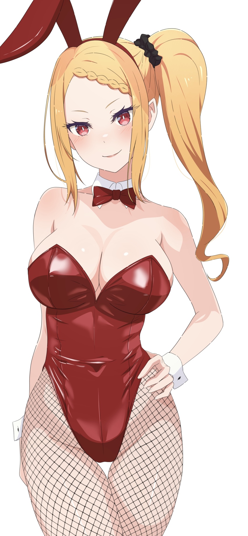 1girl absurdres animal_ears blonde_hair bow bowtie breasts cleavage cowboy_shot detached_collar fishnet_pantyhose fishnets hand_on_own_hip highres large_breasts leotard long_hair na-suke pantyhose playboy_bunny priscilla_barielle rabbit_ears re:zero_kara_hajimeru_isekai_seikatsu red_bow red_bowtie red_eyes red_leotard side_ponytail simple_background solo strapless strapless_leotard white_background wrist_cuffs