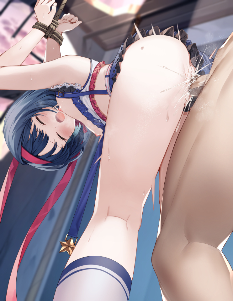 1boy 1girl ass bent_over blue_eyes blue_hair blue_shorts blurry blurry_background blush bound bound_wrists breasts censored closed_eyes clothed_female_nude_male clothes_pull clothing_aside commentary_request cropped_shirt cum cum_in_pussy ejaculation frilled_shirt frilled_shorts frills grey_socks hashire!_taiikumatsuri!_~jikkou_iin_wa_ooisogashi~_(project_sekai) headband hetero kiritani_haruka kneehighs looking_at_viewer mosaic_censoring nipples nude official_alternate_costume open_mouth penis pink_headband project_sekai pussy rape rope sex sex_from_behind shibari shirt shirt_pull short_hair shorts shorts_aside sidelocks sleeveless sleeveless_shirt small_breasts socks standing_doggystyle suspender_shorts suspenders vaginal valueless0000