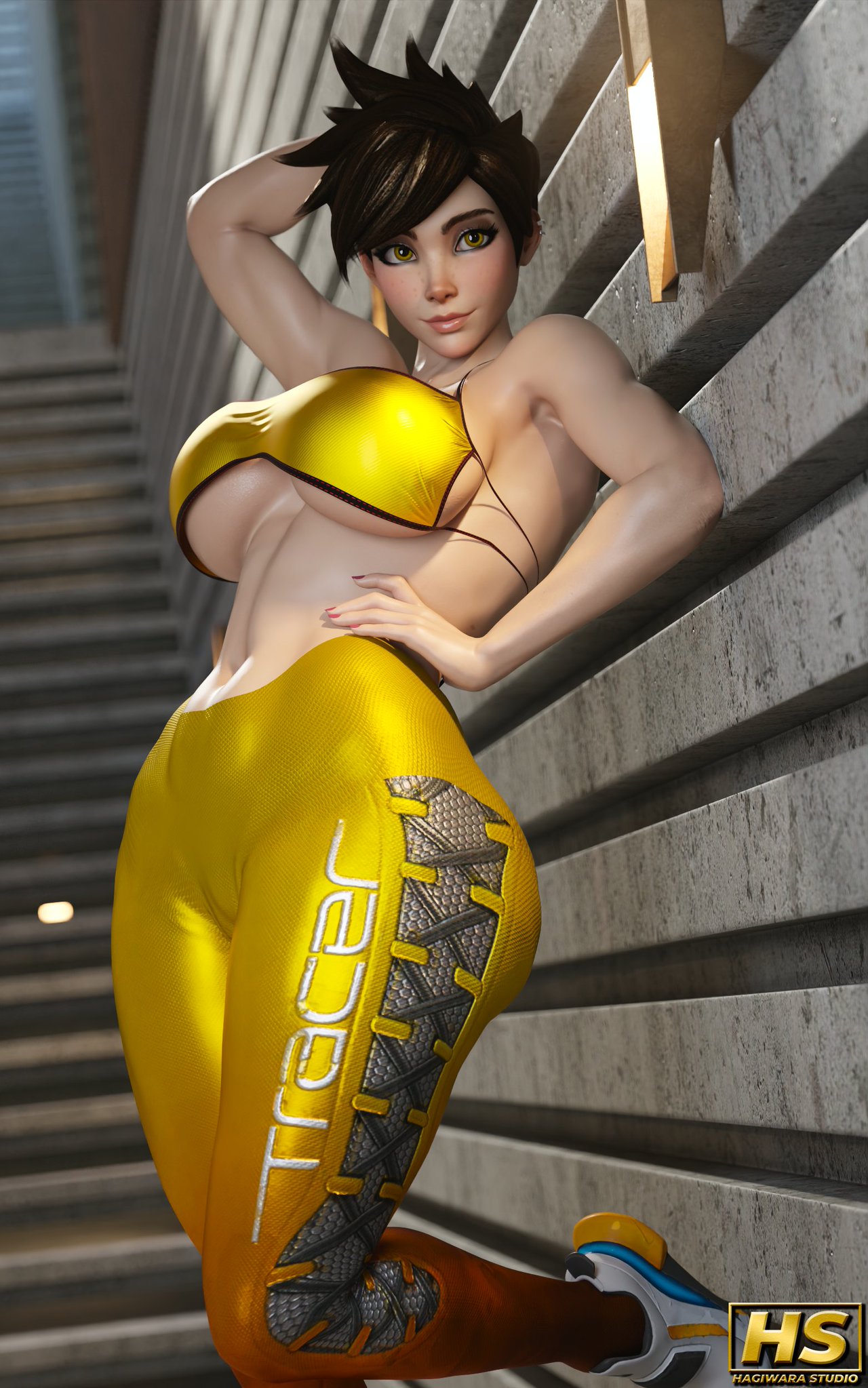 1girls 3d ass bent_knee big_ass big_breasts blizzard_entertainment breasts brown_hair female female_only hagiwara_studio highres lena_oxton overwatch short_hair solo tagme thick_thighs tracer underboob