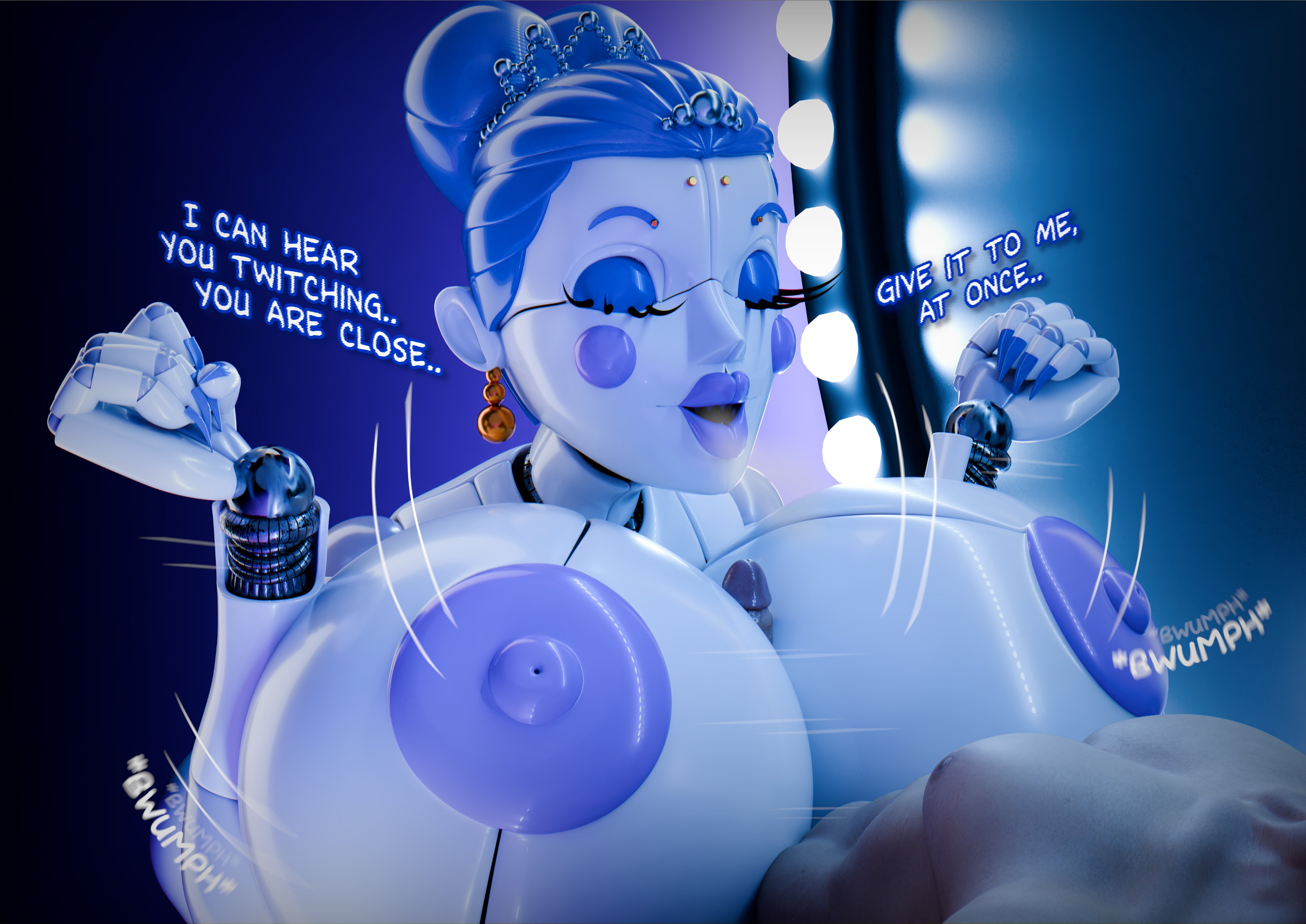 2026, 3d, 3d (artwork), 3d render, areola, areolae, ballora, ballora (cosmic trance), ballora (fnafsl), big breasts, blue hair, blue hair female, blue highlights, breasts, breasts out, dialogue, five nights at freddy's, five nights at freddy's: sister location, human, jordevoir, nipples, paizuri, paizuri lead by female, straight, titjob, white body