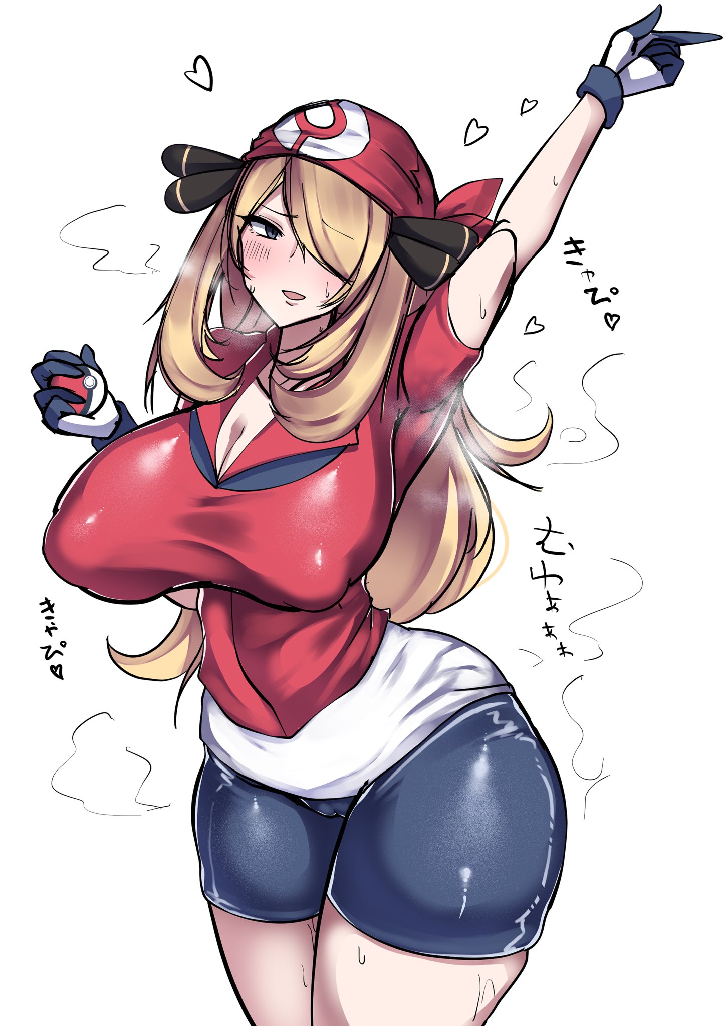 1girls, bandana, big breasts, blonde hair, blush, breasts, cameltoe, champion, cosplay, cynthia (pokemon), female, gloves, grey eyes, hair ornament, hair over one eye, huge breasts, large breasts, may (pokemon) (cosplay), nintendo, nipple bulge, pokemon, pokemon dppt, pokemon rse, pussy, red bandana, ryouten9, shorts, smell, solo, spandex shorts, sweat, thick thighs, thighs, tight clothing, voluptuous, wide hips