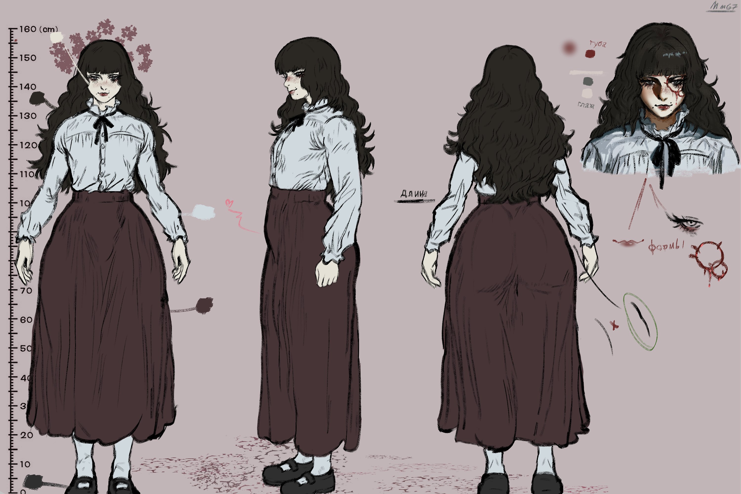 1girls, ass, ass focus, back view, big ass, character sheet, clothed, clothing, dress, fear and hunger, fear and hunger: termina, female, female only, flat chest, long hair, marina (fear and hunger), monstermommys67, thick thighs, thighs, watermark