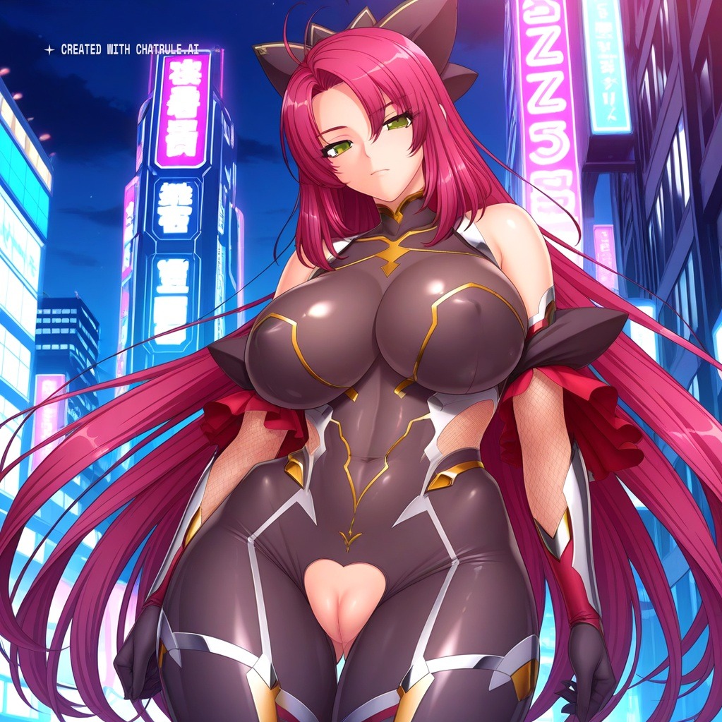 1girl ai_assisted ai_generated antenna_hair armor bare_shoulders black_bodysuit city cityscape clouds cowboy_shot crotchless curvy dark_pink_hair dark_theme detailed_pussy dynamic_lighting elbow_gloves fishnets gloves green_eyes hair_bow high_contrast kagami_hirotaka koukawa_oboro looking_at_viewer neon_lights night night_sky outdoors soft_shading taimanin_asagi_zero taimanin_suit thigh_gap very_long_hair visible_pussy