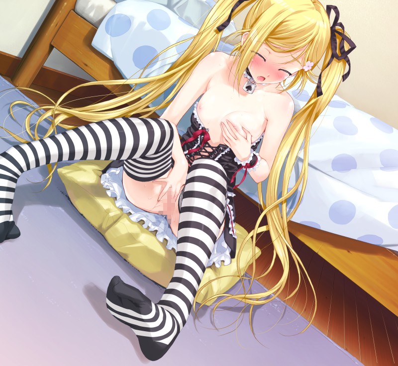 bare_shoulders bed blonde_hair blue_eyes blush breast_hold breasts censored choker collar corset feet female fingering flat_chest frills game_cg gothic_lolita hair_ribbon happoubi_jin kanojo_x_kanojo_x_kanojo lock lolita_fashion long_hair masturbation nipples no_panties orifushi_mafuyu pussy ribbon self_fondle sitting solo striped striped_legwear thighhighs tied_hair twintails wrist_cuffs