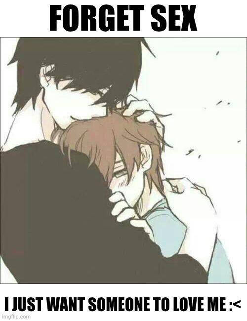 2boys black_hair blush brown_hair cute cute_expression cute_eyes cute_face cute_male gay homosexual hug meme meme_reference no_sex sad yaoi