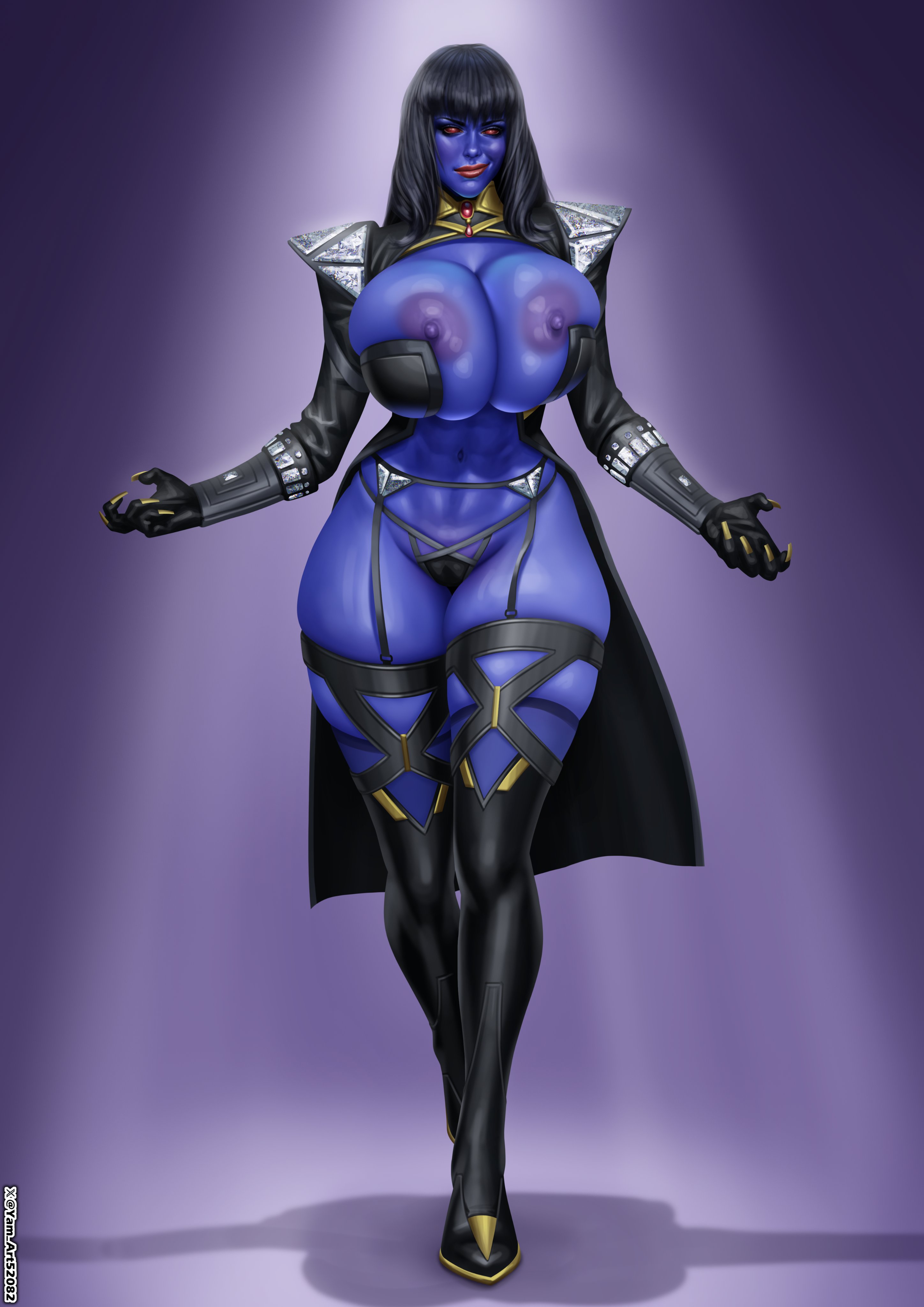 1girls, 2025, absurd res, areolae, big breasts, black hair, breasts, chiss, clothing, commission, exposed breasts, female, female only, full body, huge breasts, long hair, looking at viewer, morella, nipples, red eyes, skimpy, skimpy clothes, smiling, smiling at viewer, solo, star wars, thick thighs, tight clothing, yam art