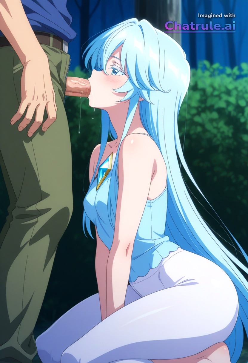 1girl ai_assisted ai_generated anime_coloring big_butt blowjob blue_eyes blue_shirt blush clothed clothing colored_eyelashes couple deep_throat fellatio female from_side gem girl girly green_eyes kneeling long_hair night night_guard oral outdoors parted_lips retro_artstyle short_hair small_breasts spreading_legs squating sucking_penis very_long_hair white_leggings whore younger_female
