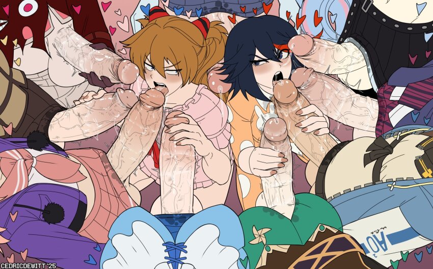 2girls 6+boys androgynous artist_name astolfo_(fate) astolfo_(sailor_paladin)_(fate) black_hair blue_eyes blush bridget_(guilty_gear) cedric_dewitt circle_formation crossdressing crossdressing_(mtf) crossover dated double_handjob fate/grand_order fate_(series) felix_argyle fellatio fire_emblem from_above genshin_impact glaring guilty_gear handjob heart hetero highres huge_penis jibaku_shounen_hanako-kun kill_la_kill komi-san_wa_komyushou_desu large_testicles licking licking_penis looking_at_another male_masturbation maria_holic masturbation matoi_ryuuko mitsuba_sousuke multicolored_hair multiple_boys multiple_girls neon_genesis_evangelion nintendo open_mouth oral osana_najimi_(komi-san_wa_komyushou_desu) pajamas penis precum re:zero_kara_hajimeru_isekai_seikatsu red_hair rosado_(fire_emblem) saliva shidou_mariya skirt souryuu_asuka_langley streaked_hair swept_bangs testicles tongue tongue_out trap tsundere twintails venti_(genshin_impact)