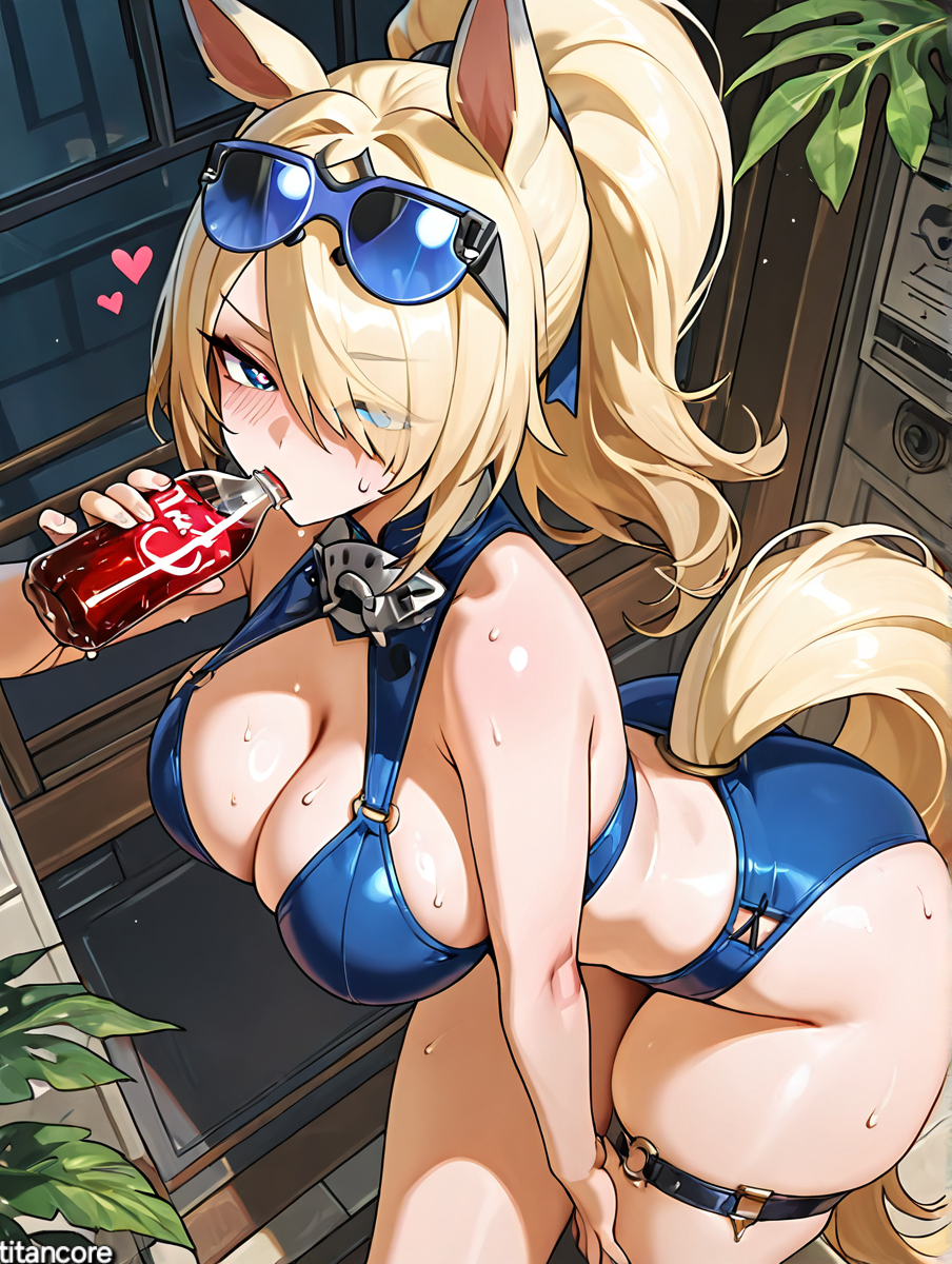 (titancore) ai_generated blonde_hair blue_eyes curvy_figure cute_girl drinking drinking_soda hearts_around_head hearts_shape_pupils horse_ears horse_girl horse_tail huge_breasts long_hair monster_girl ponytail sigrid_(zenless_zone_zero) strong_female sweatdrop swimsuit thiren video_game_character zenless_zone_zero