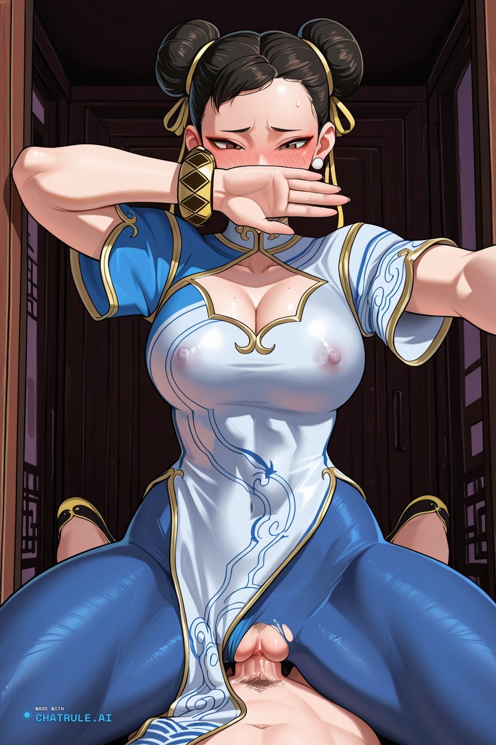 1girl ai_assisted ai_generated black_footwear black_hair blue_pantyhose blushing bracelet brown_eyes china_dress close_up covering_mouth creampie deep_cleavage double_bun male_pov penis_in_pussy pink_pussy puffy_pussy street_fighter stretching_pussy thong_aside younger_male