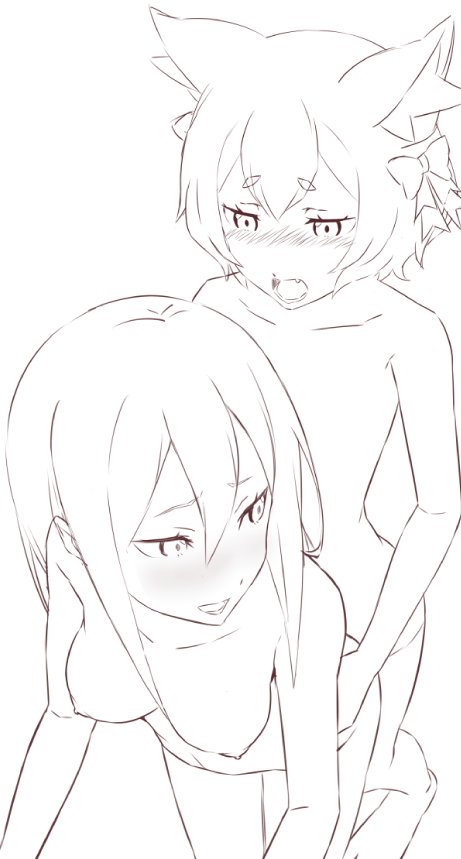 1boy 1girl animal_ear_fluff animal_ears blush breasts cat_boy cat_ears completely_nude crusch_karsten fang felix_argyle hair_between_eyes hands_on_another's_hips hetero leaning_forward long_hair looking_back medium_breasts monochrome motion_lines nipples nude open_mouth re:zero_kara_hajimeru_isekai_seikatsu sex sex_from_behind short_hair simple_background sketch smile standing standing_sex takahan tearing_up trap trap_on_female
