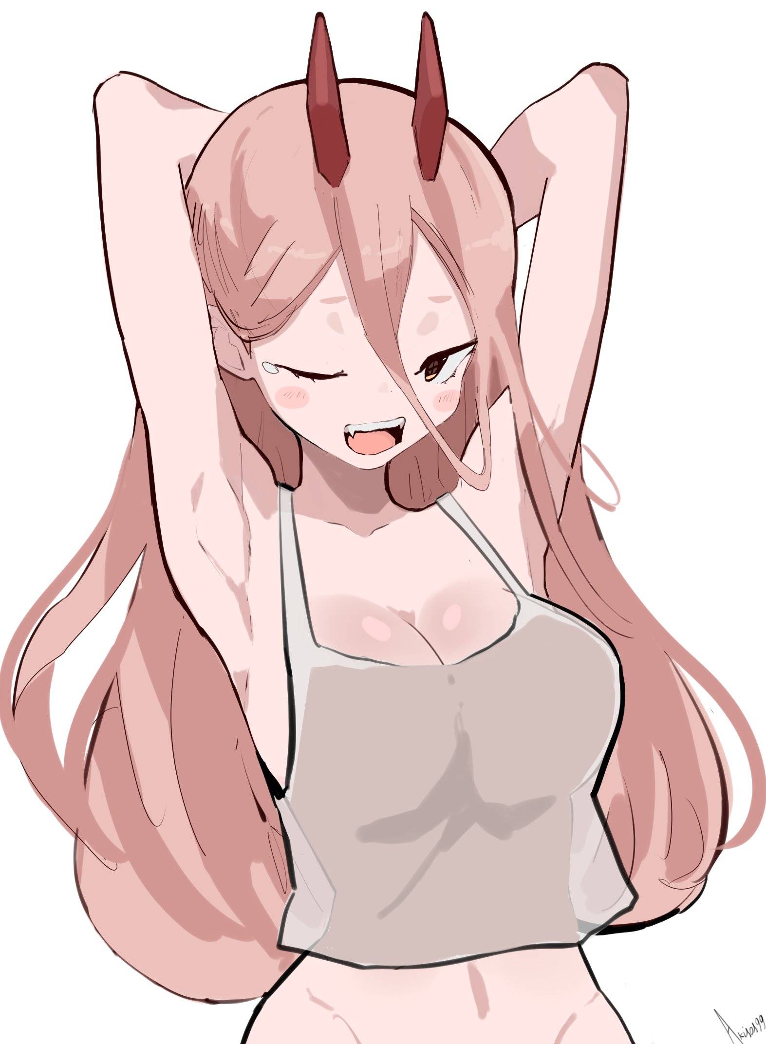 1girl 1girls akisas99 alternate_body_type alternate_breast_size alternate_breast_size_(smaller) alternative_breast_size anime anime_character arm_behind_head arms_behind_head background blank_background chainsaw_man crosshair_pupils demon devil eye-level_view eye_closed fanart female_protagonist from_front front_view hand_behind_head hands_behind_head horn horns inaccurate_proportions incorrect_body_type main_character manga_character mappa monotone_background one-eye_closed one_color_background one_eye_closed one_eye_open open_mouth parted_lips pink-haired_female pink_eyebrows pink_hair pink_hair_female plain_background power_(chainsaw_man) protagonist red_horn red_horns shonen_jump shounen_protagonist shueisha solid_color_background tank_top tongue top_view topwear upper_teeth weekly_shonen_jump white_background white_tank_top white_topwear yellow-eyed_female yellow_eyes