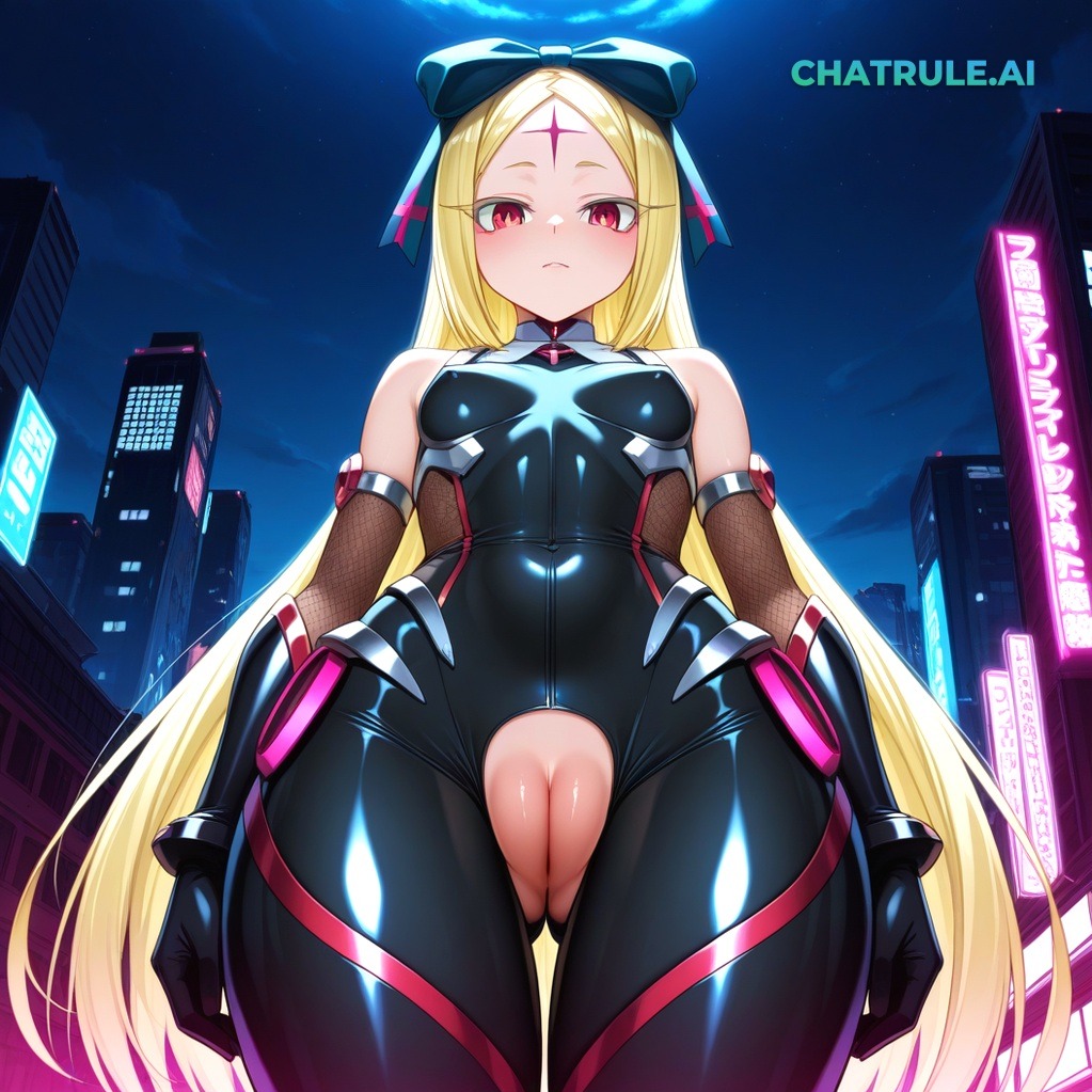 1girl ai_assisted ai_generated armor bare_shoulders black_bodysuit blonde_eyelashes blonde_hair city cityscape clouds cowboy_shot crotchless curvy dark_theme detailed_pussy dynamic_lighting elbow_gloves fishnets forehead_mark gloves hair_bow high_contrast kagami_hirotaka koukawa_oboro long_hair looking_at_viewer neon_lights night night_sky outdoors red_eyes soft_shading taimanin_asagi_zero taimanin_suit thigh_gap very_long_hair visible_pussy