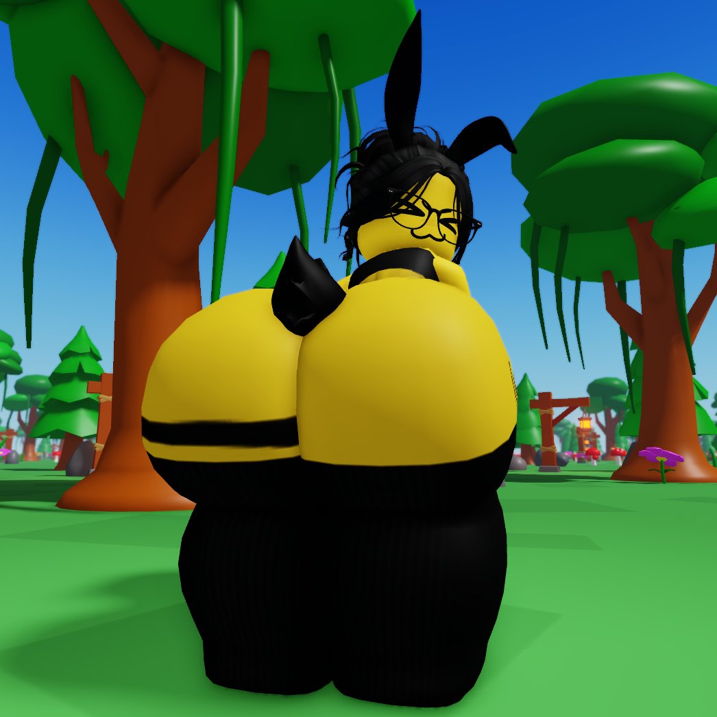 1girl, 3d, ass, bunny ears, bunny girl, bunny tail, chair, focus on ass, glasses, oc, pose, roblox, roblox avatar, robloxian, tagme (artist), thicc, viewed from below, yellow body, yellow skin