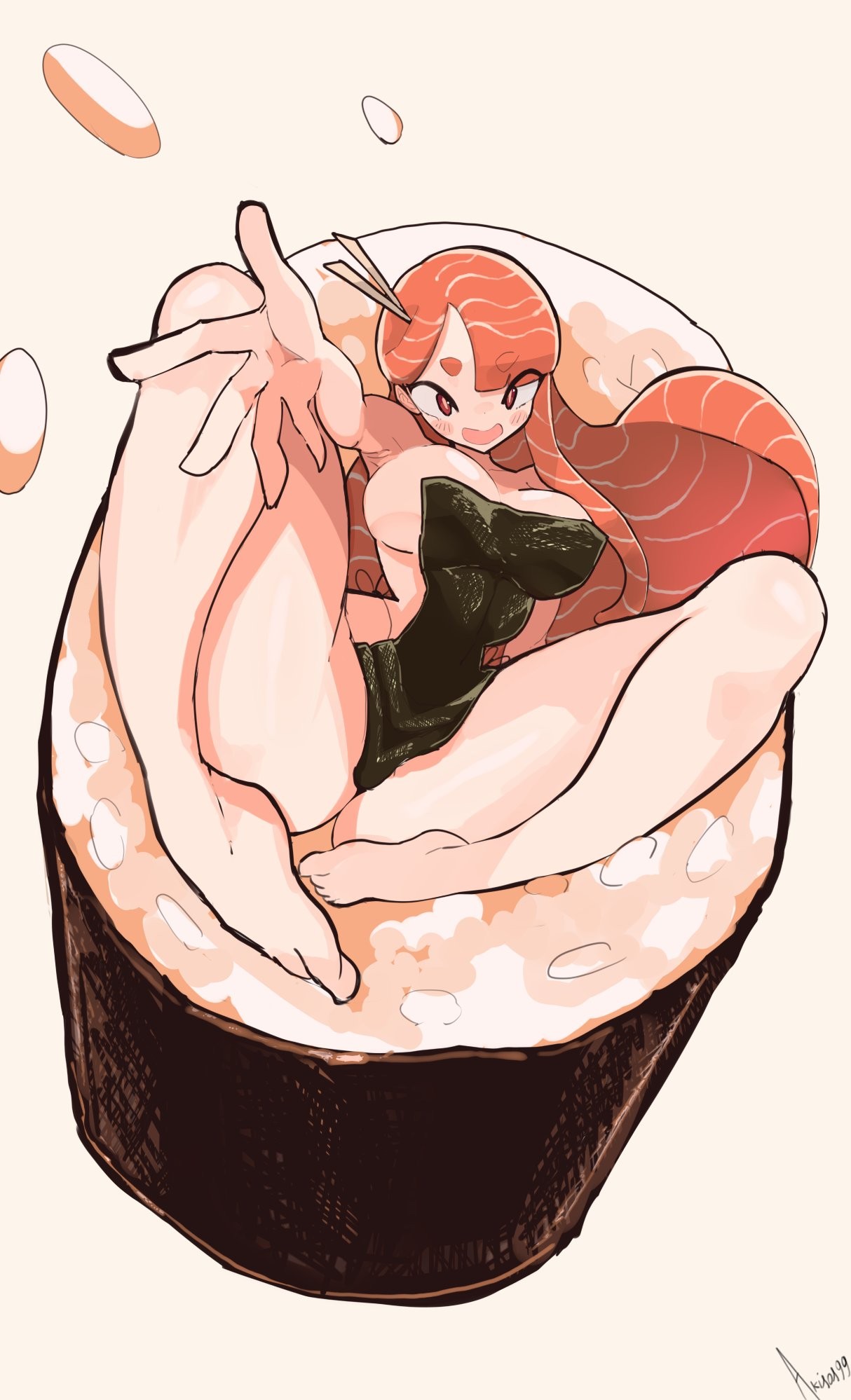 1girl 1girls akisas99 arm_above_head arm_up background big_boobs big_breasts blank_background breasts brown-eyed_female brown_eyes busty busty_female busty_girl eyebrows_visible_through_hair feet ginger ginger_hair hair_pin hairpin hairpins hand_above_head hand_up hourglass_figure inner_thighs knees large_boobs large_breasts lean_figure legs legs_apart legs_spread looking_up looking_up_at_viewer monotone_background narrow_waist oc one_color_background open_mouth open_mouth_smile orange-haired_female orange_eyebrows orange_hair orange_hair_female original original_art original_artwork original_character original_female_character parted_lips plain_background reaching_out reaching_towards_viewer rice sashimi slender_body slender_waist slim_female slim_waist solid_color_background spread_legs spreading_legs spreading_thighs sushi thighs toes tongue white_background wide_hips
