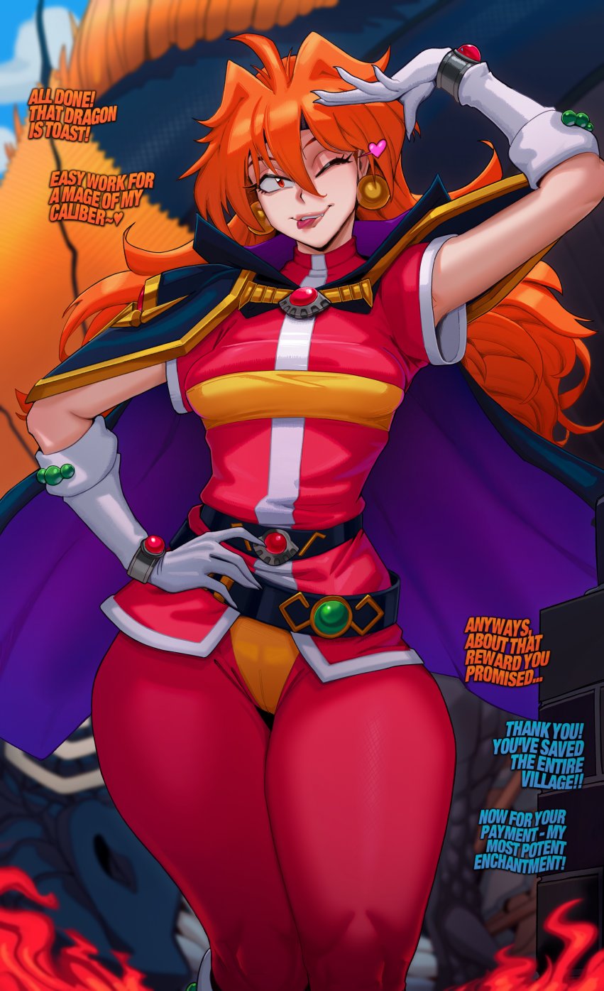 1girl, 1girls, 2026, bangs, big hips, blue background, bounty hunter, breast expansion, clouds, conversation, cute, digital drawing (artwork), digital media (artwork), dragon, earrings, eyelashes, female, female only, fit female, flat chest, floating heart, hand on hip, light skin, light-skinned female, lina inverse, long hair, messy hair, orange hair, picturd, pussy visible through clothes, red clothing, red eyes, salute, saluting, sfw, short cape, slayers, small breasts, solo, solo female, solo focus, sorceress, text, thick thighs, tongue out, waist, white gloves, wide hips, wink, winking, winking at viewer