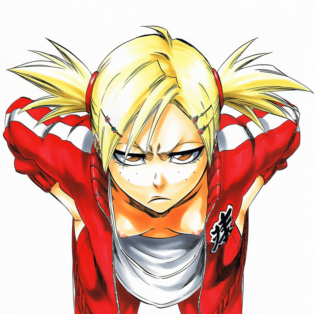accurate_art_style accurate_body_type accurate_proportions angry angry_face bending_forward bleach hiyori_sarugaki jacket_open manga_style sarugaki_hiyori small_breasts tite_kubo_style tits tits_out
