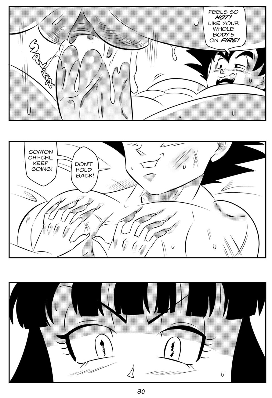 1boy 1girls bite_mark black_and_white blush bruises chichi comic cum dragon_ball dragon_ball_super dragon_ball_z funsexydragonball hands_on_chest monochrome muscular_male page_30 pussy son_goku sweatdrop