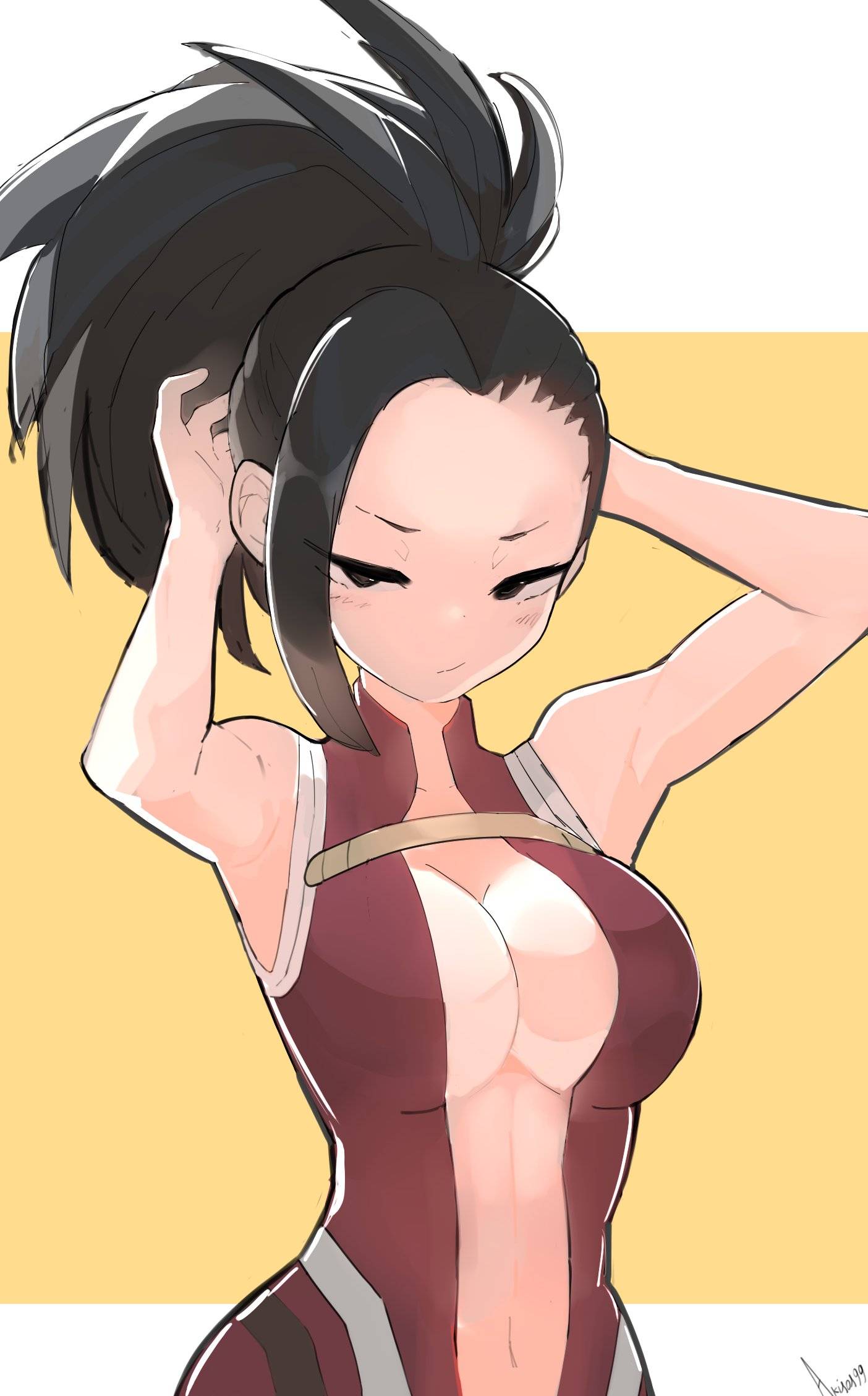 /// 1girl 1girls akisas99 anime anime_character arm_behind_head arms_behind_head asian asian_female asian_girl background belly big_boobs big_breasts bikini black-eyed_female black-haired_female black_eyebrows black_eyes black_hair blush_face blush_lines blushing blushing_at_viewer blushing_female blushing_lines boku_no_hero_academia bones_(studio) breasts busty busty_female busty_girl busty_teen busty_teenager dark_hair eye-level_view fanart fit_female flushed flushed_cheeks flushed_face from_front front_view frown frown_eyebrows frowning frowning_at_viewer hand_behind_head hands_behind_head inframammary_fold japanese japanese_female japanese_girl large_boobs large_breasts linea_alba manga_character momo_yaoyorozu multicolored_background my_hero_academia one-piece_swimsuit plain_background red_bikini red_one-piece_swimsuit red_swimsuit red_swimwear scowl shonen_jump solid_color_background stomach swimsuit swimwear teen_girl teenage_female teenage_girl teenage_tits teenager top_view two-tone_background weekly_shonen_jump white_background yaoyorozu_momo yellow_background young_female young_woman