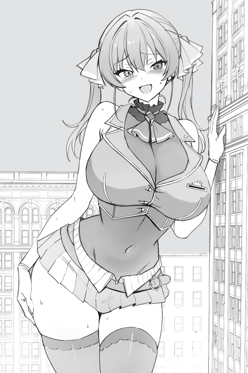 1girl blush bodysuit breasts building commentary_request covered_navel fang giant giantess greyscale hair_ribbon heterochromia highres hololive houshou_marine houshou_marine_(1st_costume) large_breasts looking_at_viewer miniskirt monochrome open_mouth ribbon seo_tatsuya skirt smile solo standing sweat thighhighs thighs twintails virtual_youtuber zettai_ryouiki