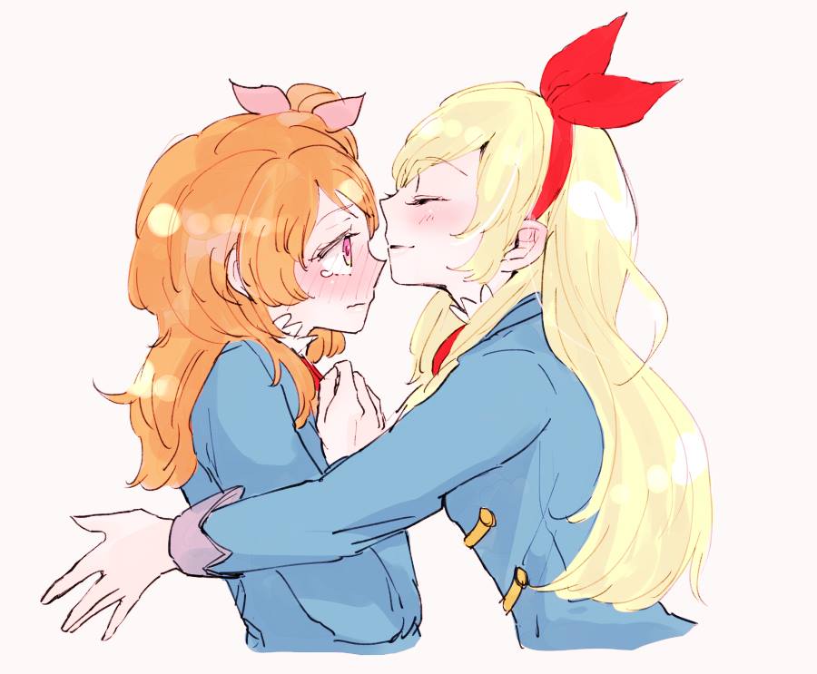 2girls aikatsu! blonde_hair brown_hair clothed female female_only hoshimiya_ichigo human kissing long_hair multiple_girls oozora_akari pink_bow red_bow red_eyes ribbon yuri