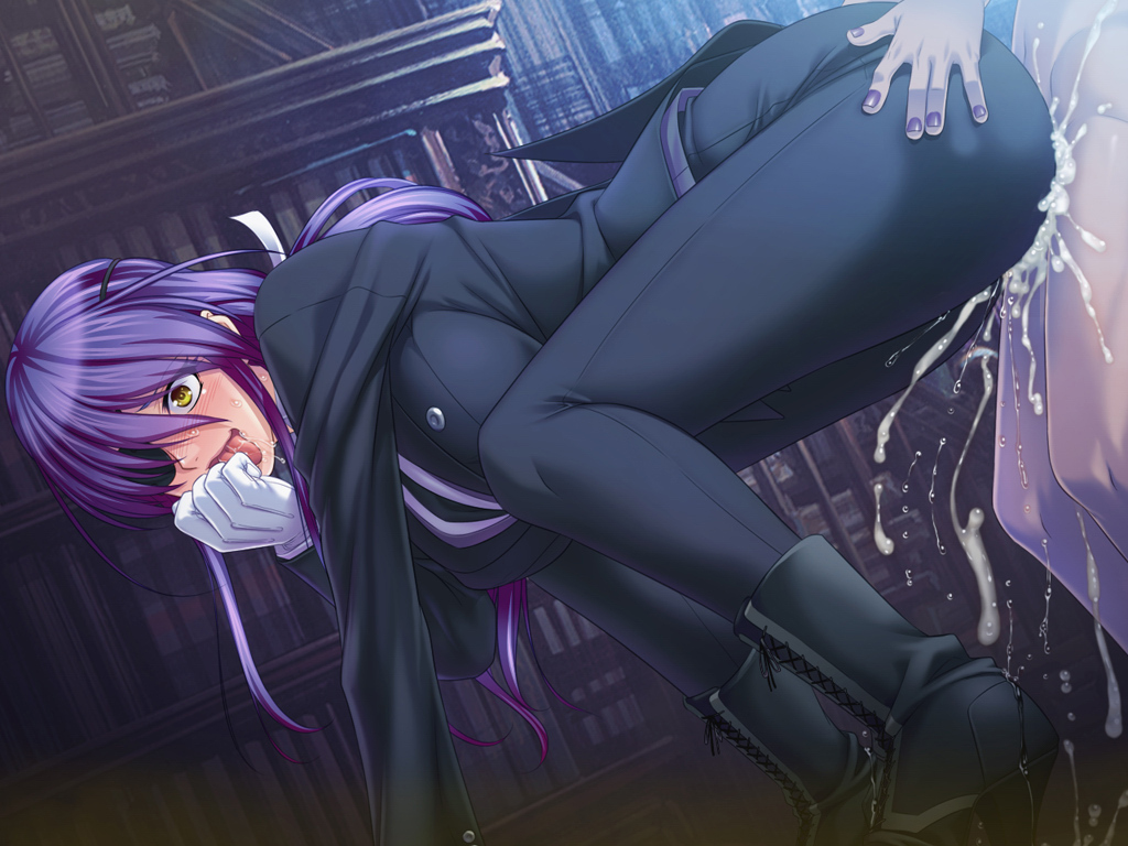 1boy all_fours ass ass_grab black_lilith blush book boots breasts butler censored clothed_sex demon_boy doggy_style eye_patch female forced_in_fabric formal game_cg hanging_breasts happy_sex incubus large_breasts long_hair looking_back mikio_oe mind_break nail_polish onmyou_kishi_towako orgasm penetration purple_hair pussy_juice rape saliva sex shiki_reika smile straight sweat tailcoat vaginal_penetration yellow_eyes