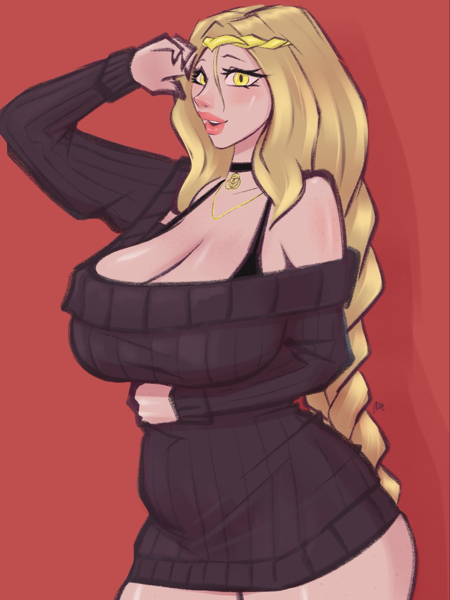belly, big breasts, blonde female, blonde hair, bra strap, braid, braided hair, breasts, choker, elden ring, exposed shoulders, fancylazard, huge breasts, large breasts, looking at viewer, queen marika the eternal, shoulders, slightly chubby, slightly chubby female, thighs, yellow eyes