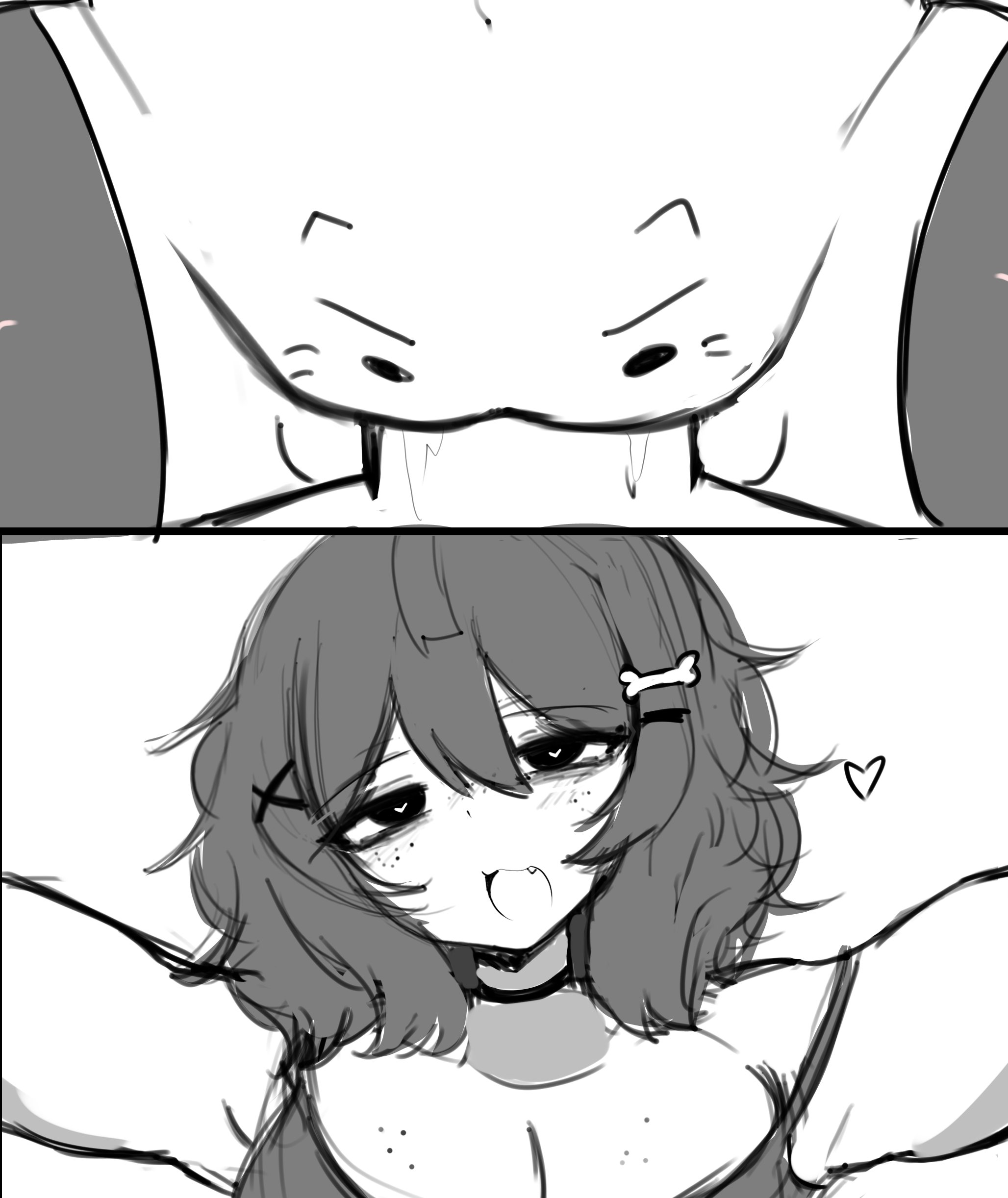 1boy, 1girls, bone hair ornament, do you want to pet my cat (meme), freckles, freckles on breasts, freckles on face, large breasts, meme, mizu (yourmizuki), oc, original, original character, pussy tattoo, sex, tank top, tattoo, thighhighs, vaginal penetration, yourmizuki