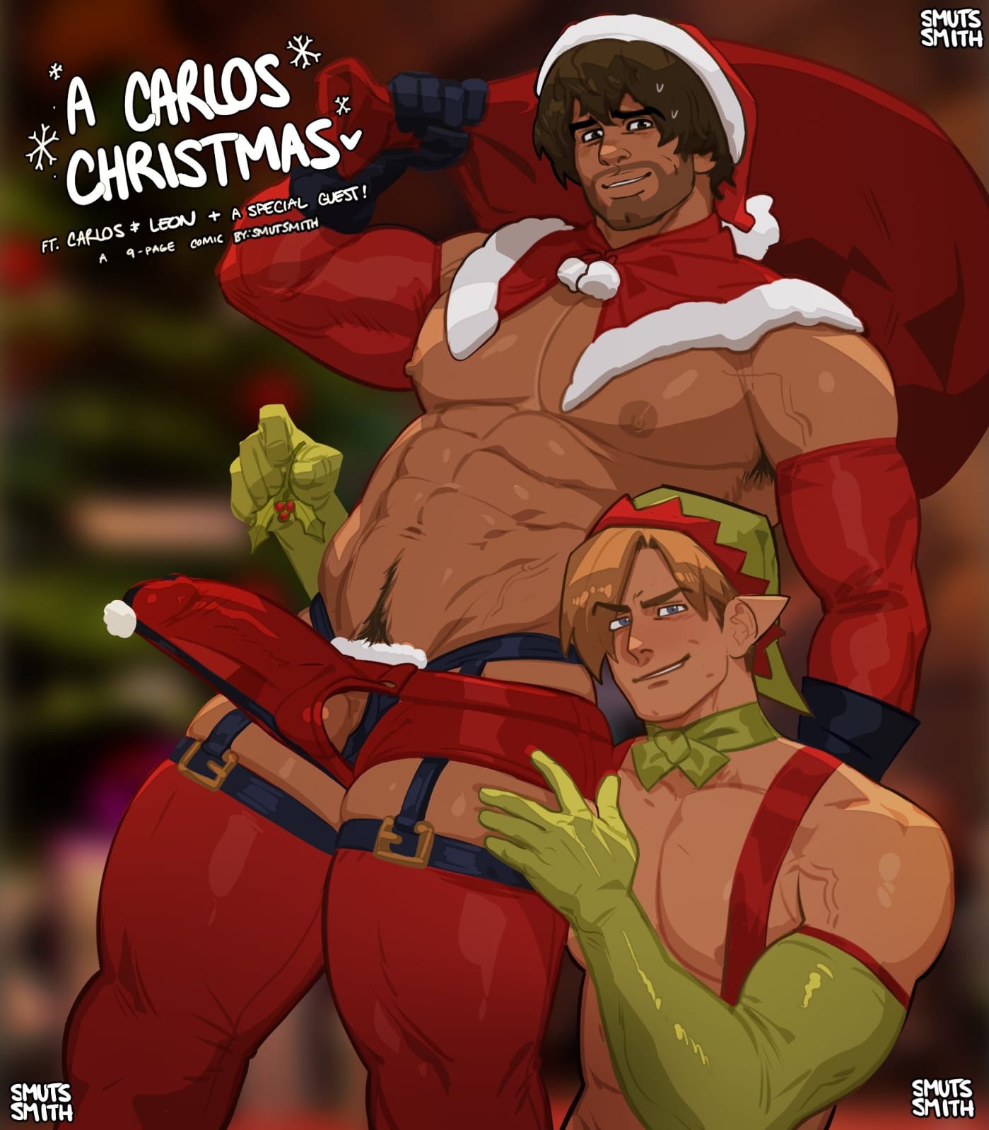 bara, beard, carlos oliveira, christmas, dark skin, gay, leon scott kennedy, male only, muscular, resident evil, smutssmith, vein, yaoi