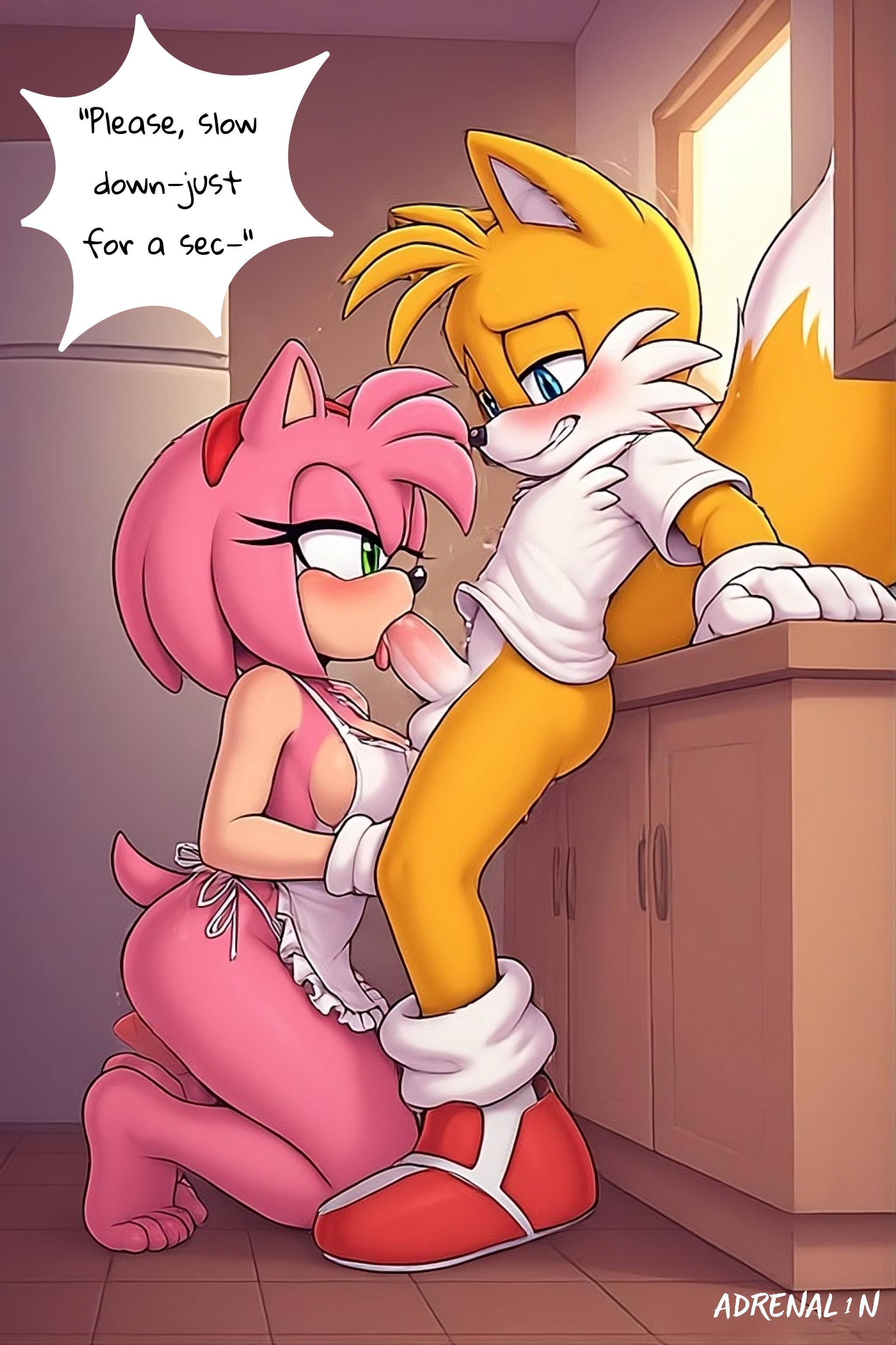 ai generated, amy rose, blowjob, close to orgasm, deepthroat, kitchen, miles tails prower, sonic (series), sonic the hedgehog (series), tails, tails the fox, text