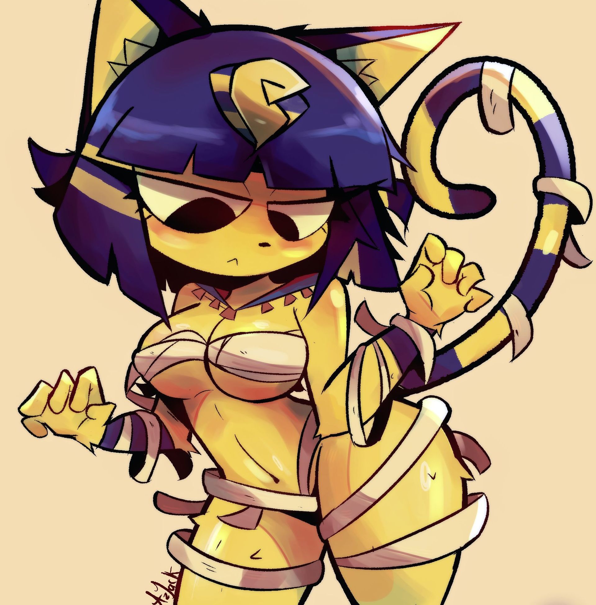 1girls, animal crossing, ankha, ankha (animal crossing), anthro, azjack, bandage, bandages, bandages around breasts, breasts, cat ears, cat girl, cat tail, female, female only, nintendo, thighs, yellow skin